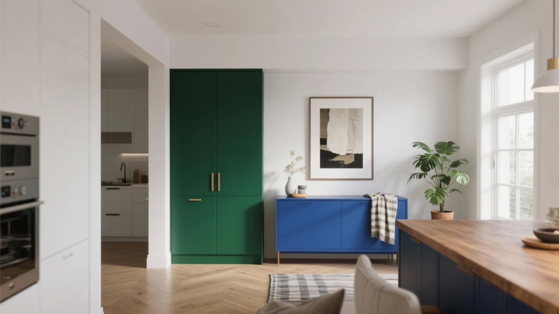 Modern kitchen and dining area featuring green cabinet blue cabinet wooden table and white walls