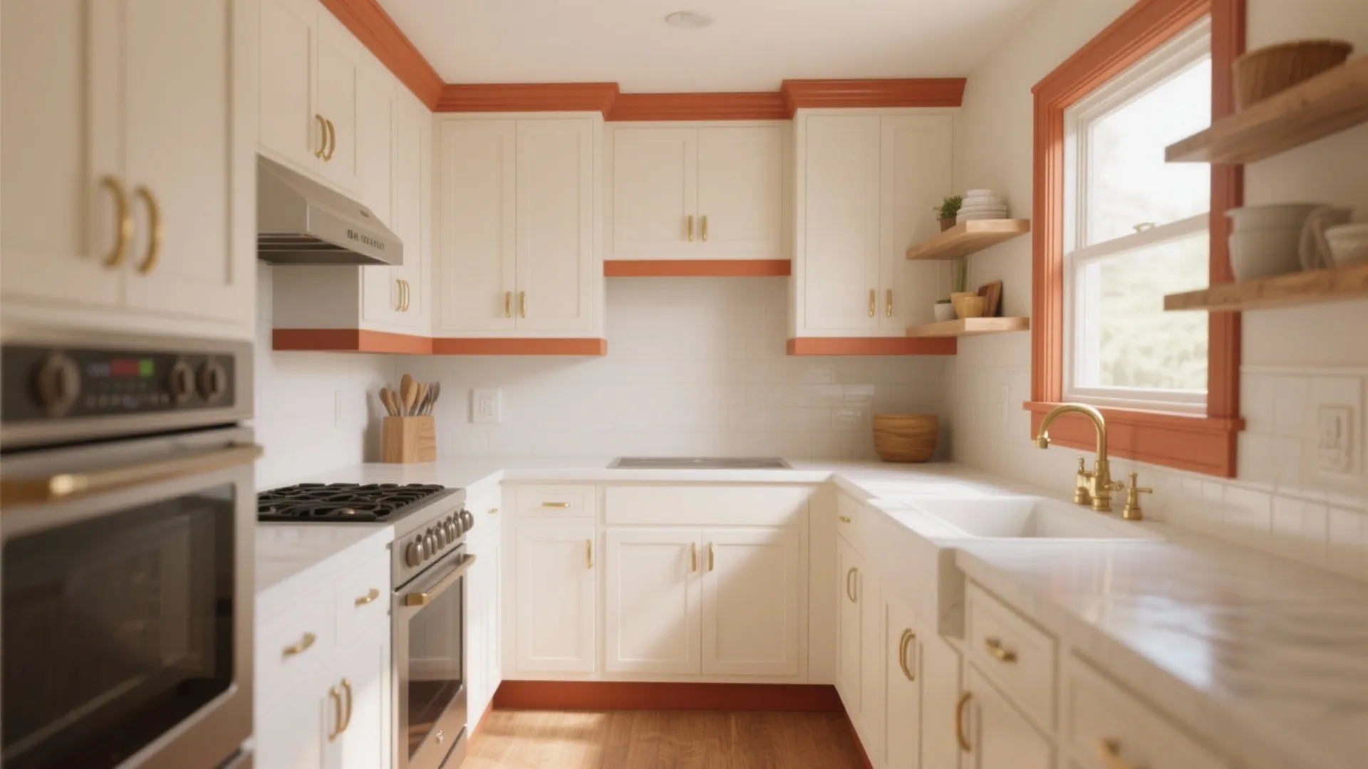 Compact kitchen with warm white cabinets and warm accent trim on shelving and trim under soft daylight.