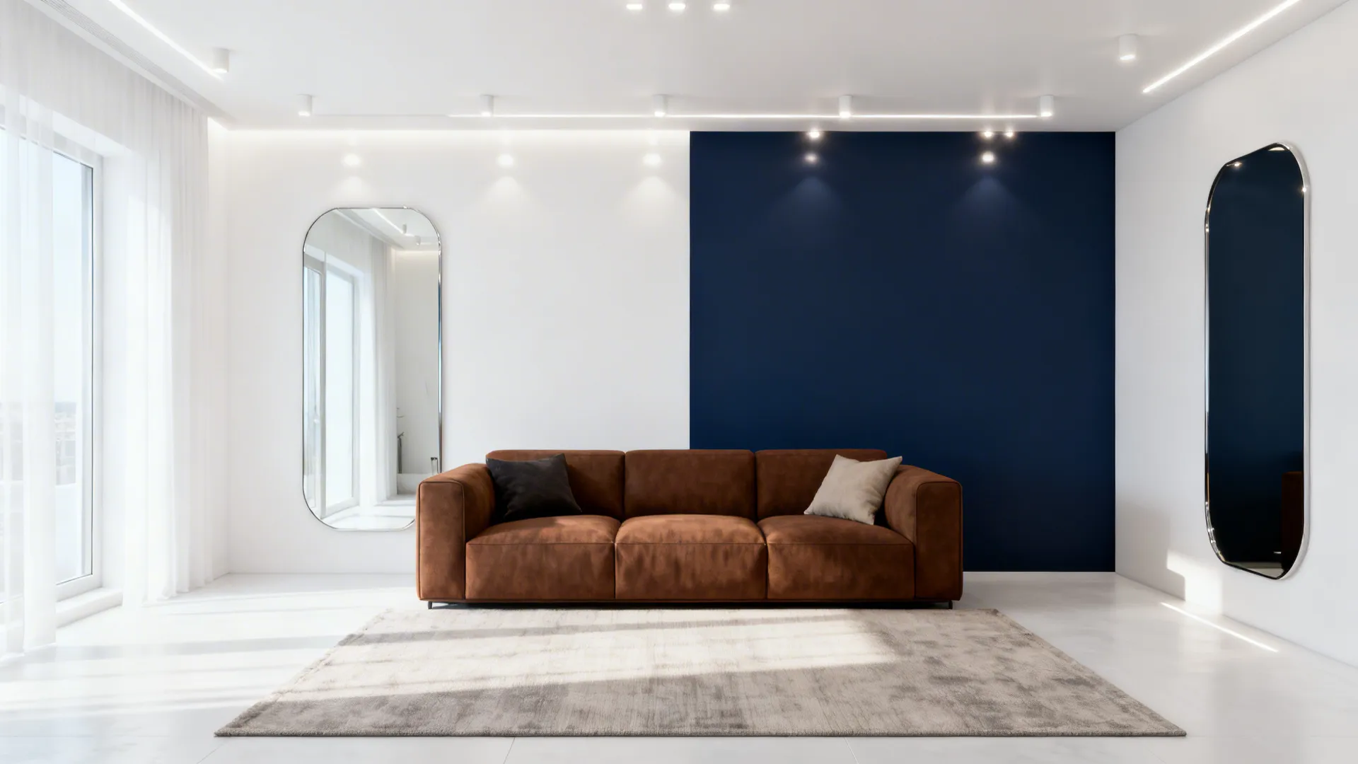 Crisp white living room with brown sofa and a bold navy accent wall