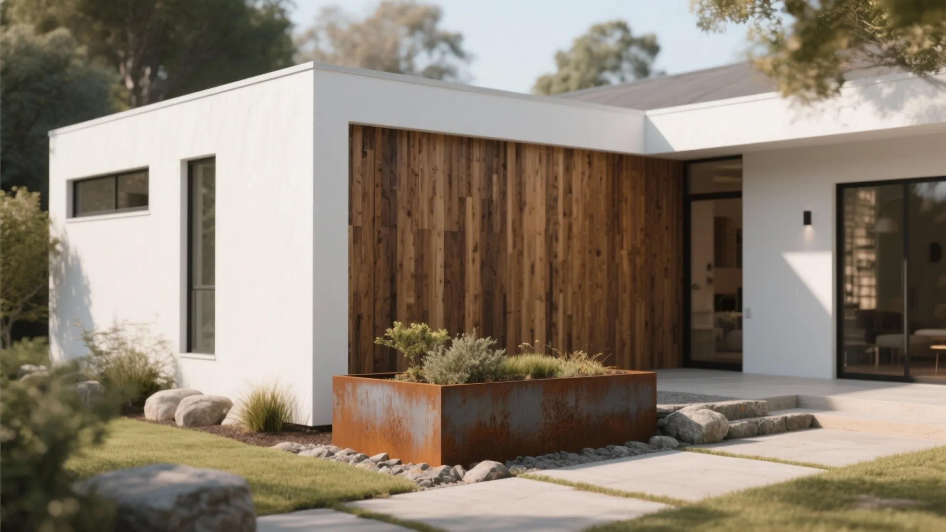 White house with cedar screen, corten steel planter and stone path showing warm natural accents.