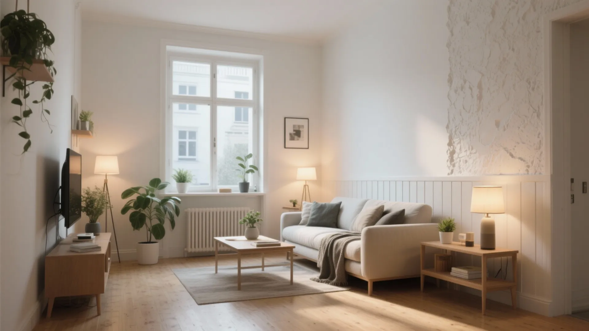 Bright minimalist living room with white sofa wooden table green plants and warm table lights