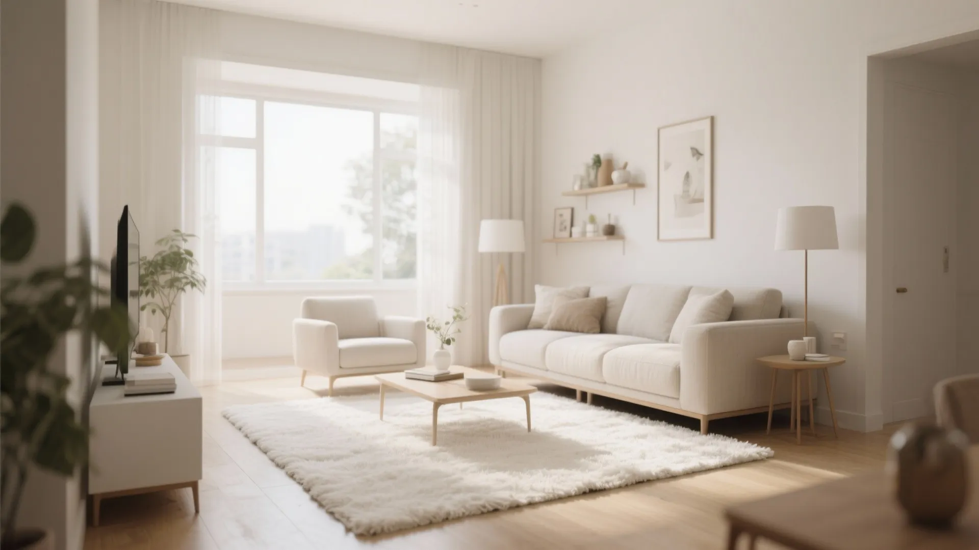 Minimalist living room with cream sofa, white area rug, coffee table, armchair, and floor lamp