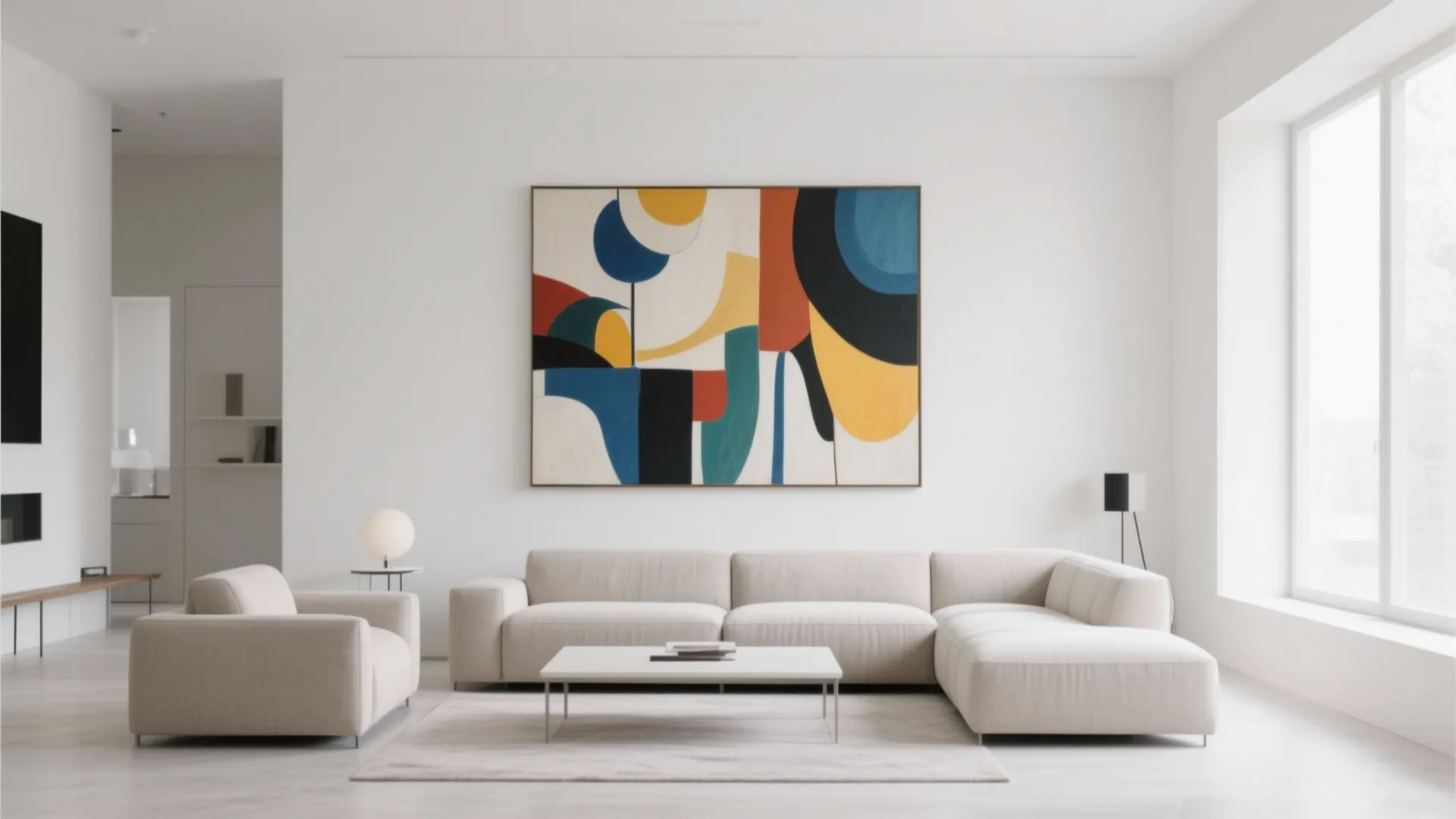 Modern white living room featuring large colorful wall painting light beige sofa and white coffee table