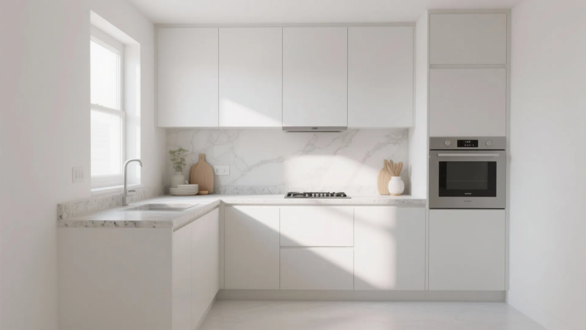 Minimal compact kitchen with bright white walls and cabinets reflecting natural daylight to appear more spacious.