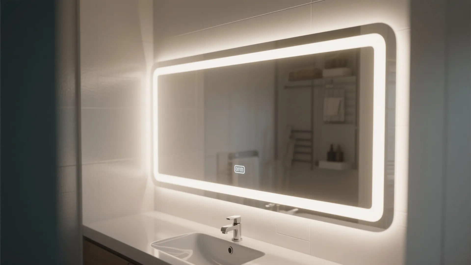 White-framed backlit mirror softly illuminating a small bathroom vanity.