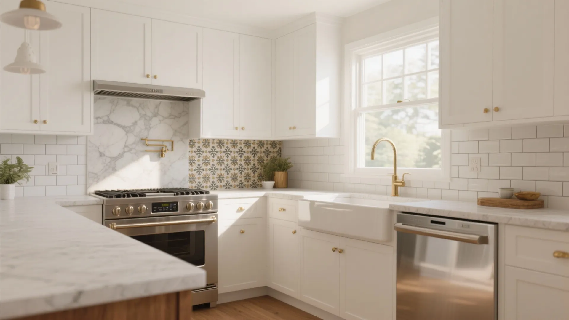 Bright kitchen with white cabinets marble countertop gold faucet stainless steel stove and patterned tile backsplash