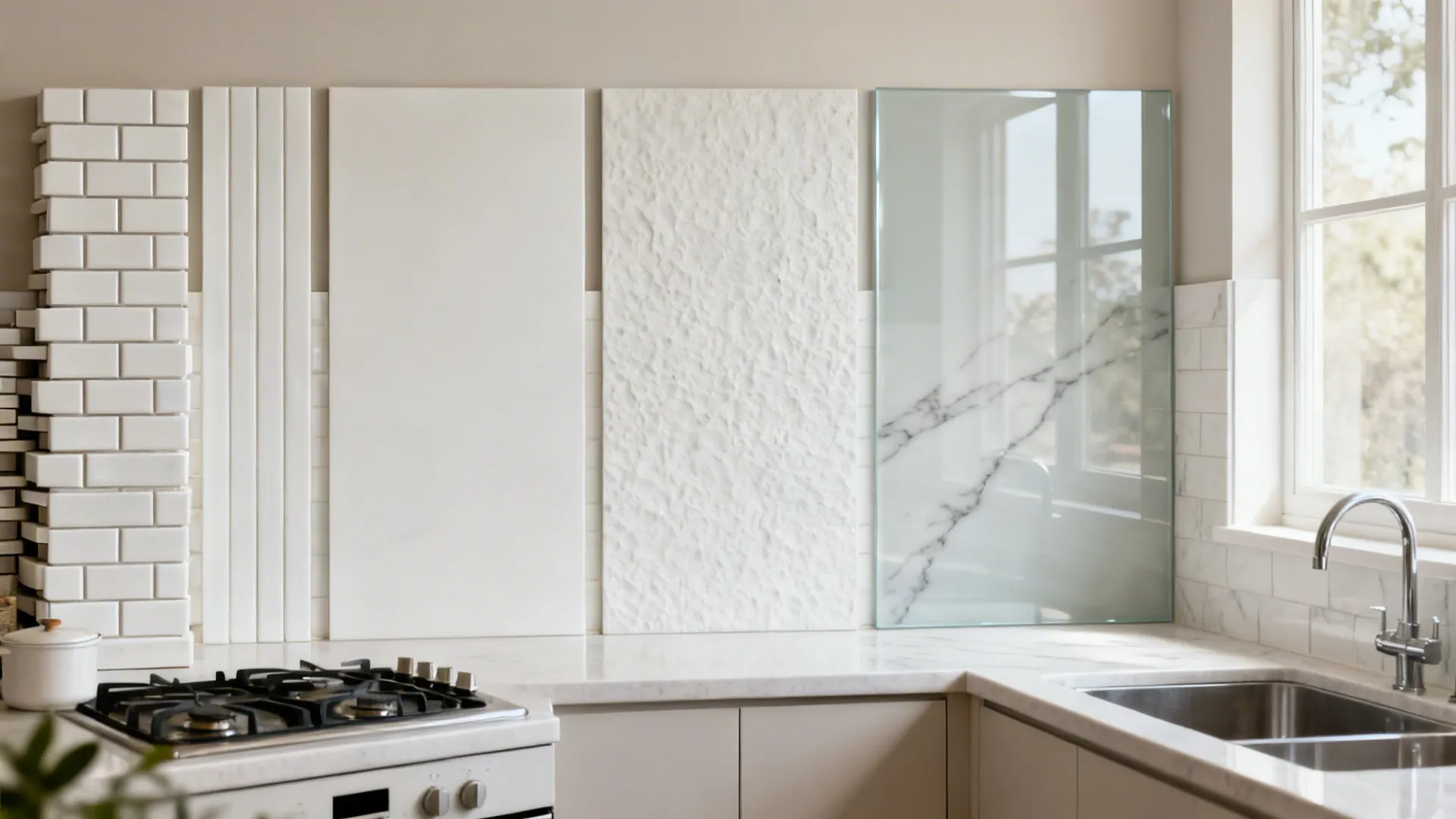 Concept montage showing five white backsplash styles in one cohesive small kitchen scene