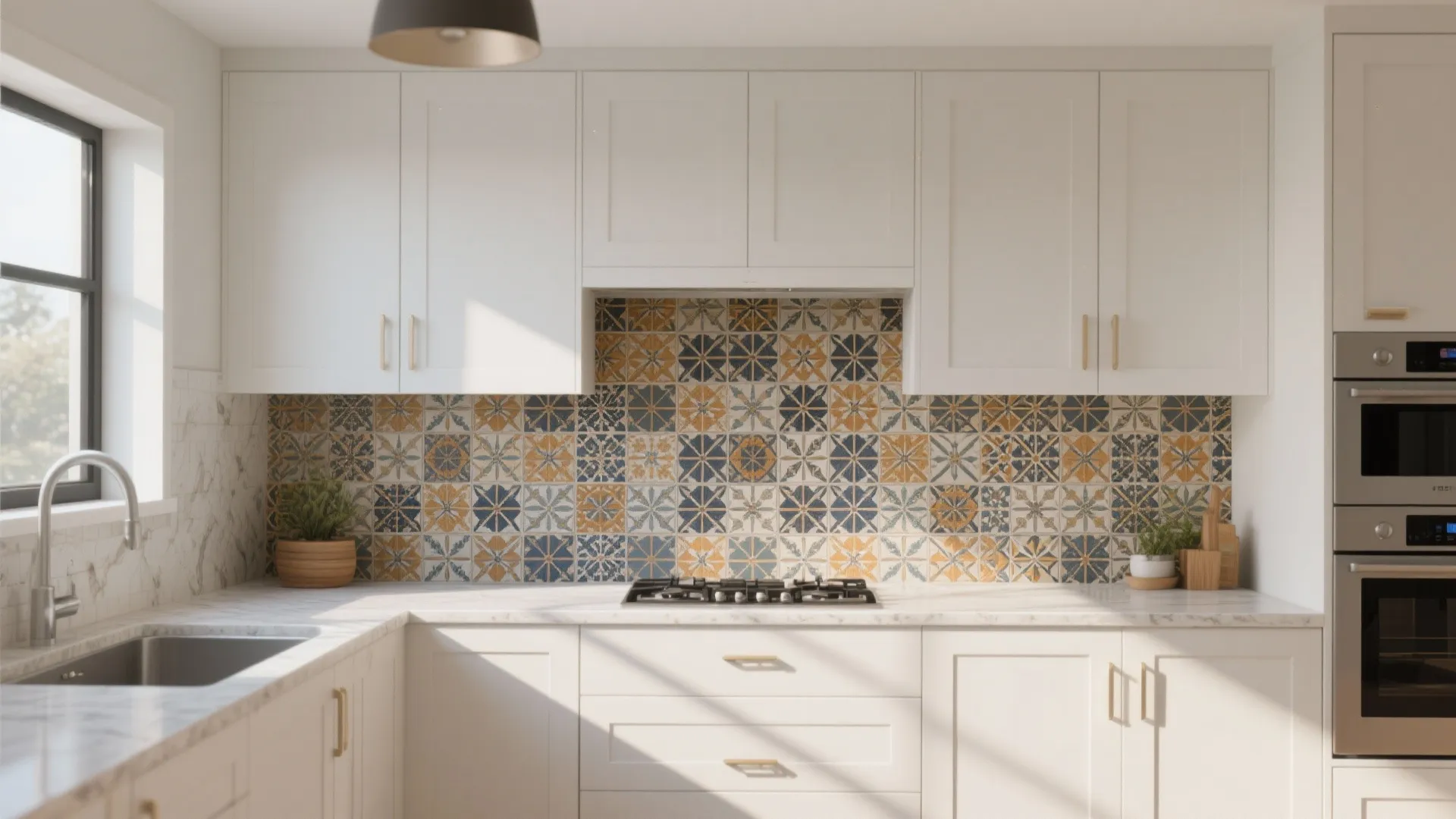 3. White cabinets and bold backsplash as the focal point