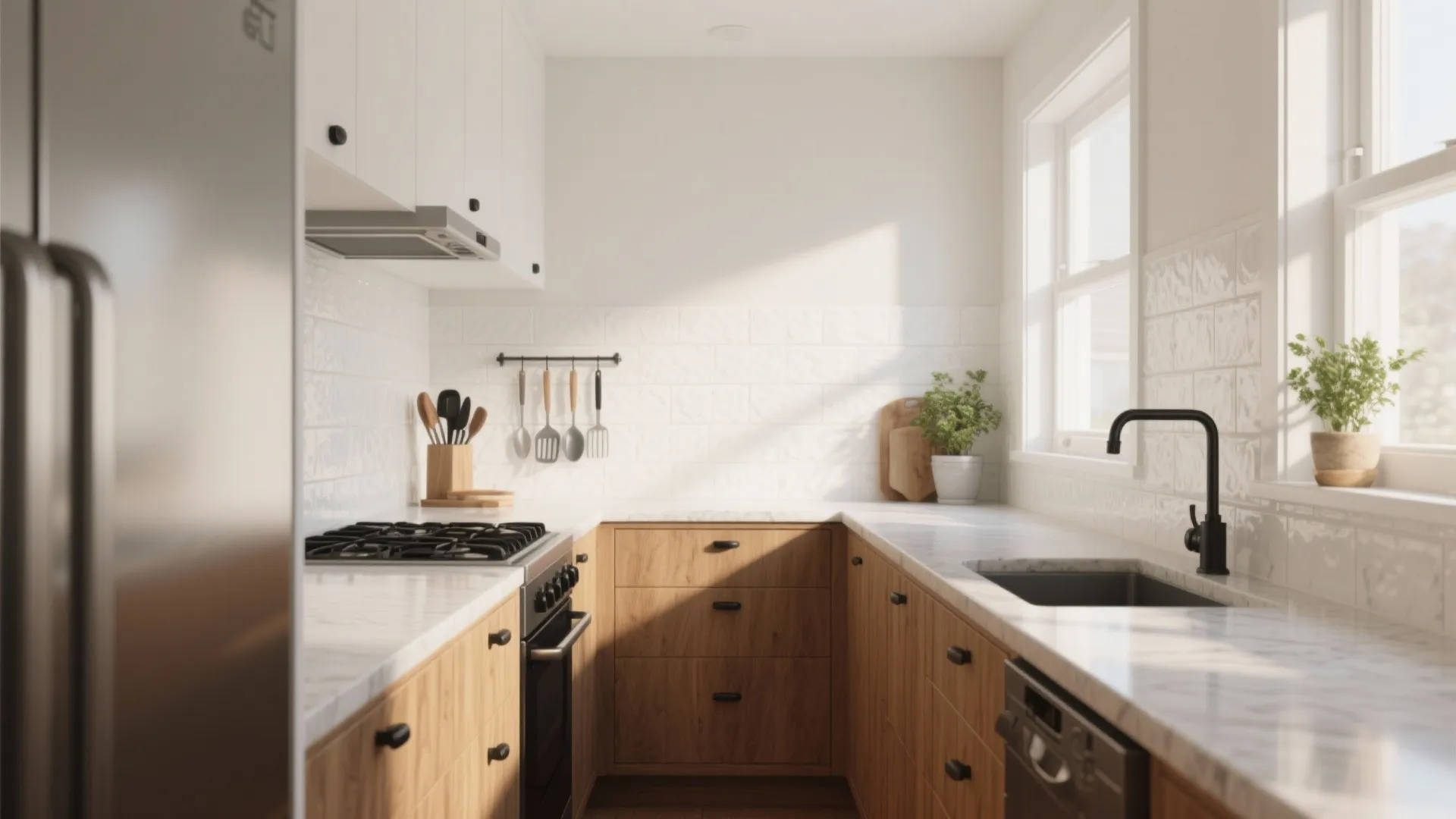 Modern kitchen with white wall tiles wooden cabinets marble countertop black tap and natural sunlight beams