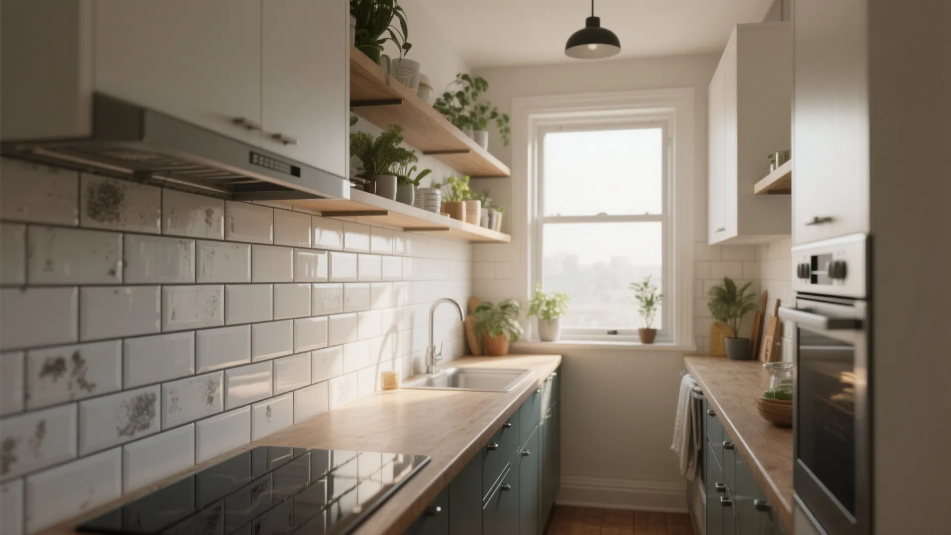 Modern narrow kitchen featuring white wall tiles wooden counters green cabinets many plants and natural light