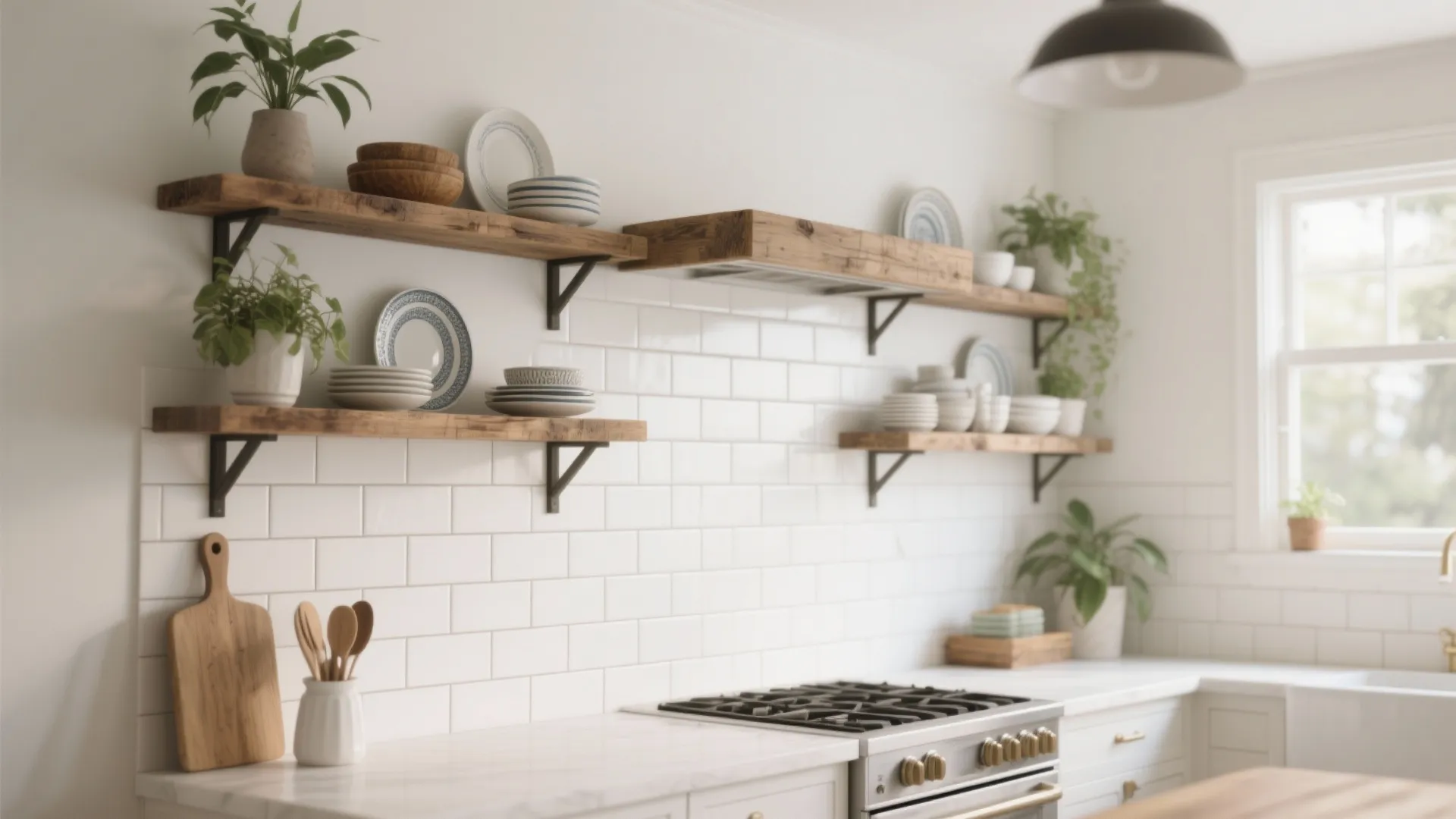 2. Open Shelving with White Backsplash