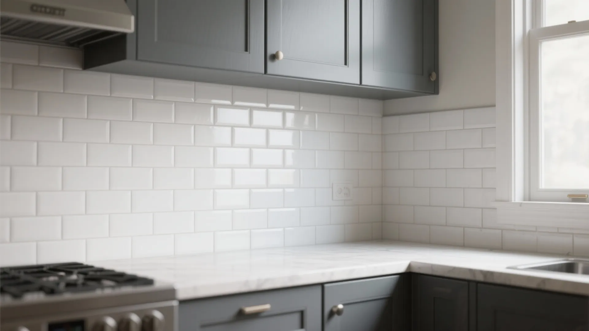 Matte white subway tile backsplash paired with slate gray cabinets in a compact kitchen