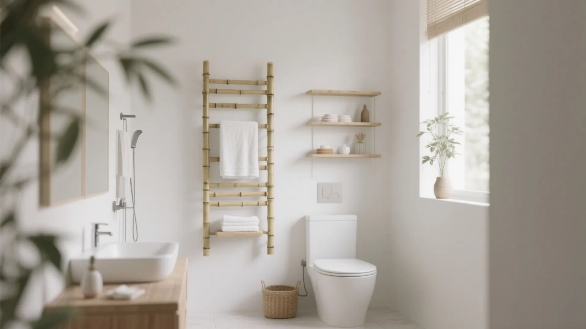 Bright bathroom with bamboo towel rack white toilet wooden cabinet and natural light from window