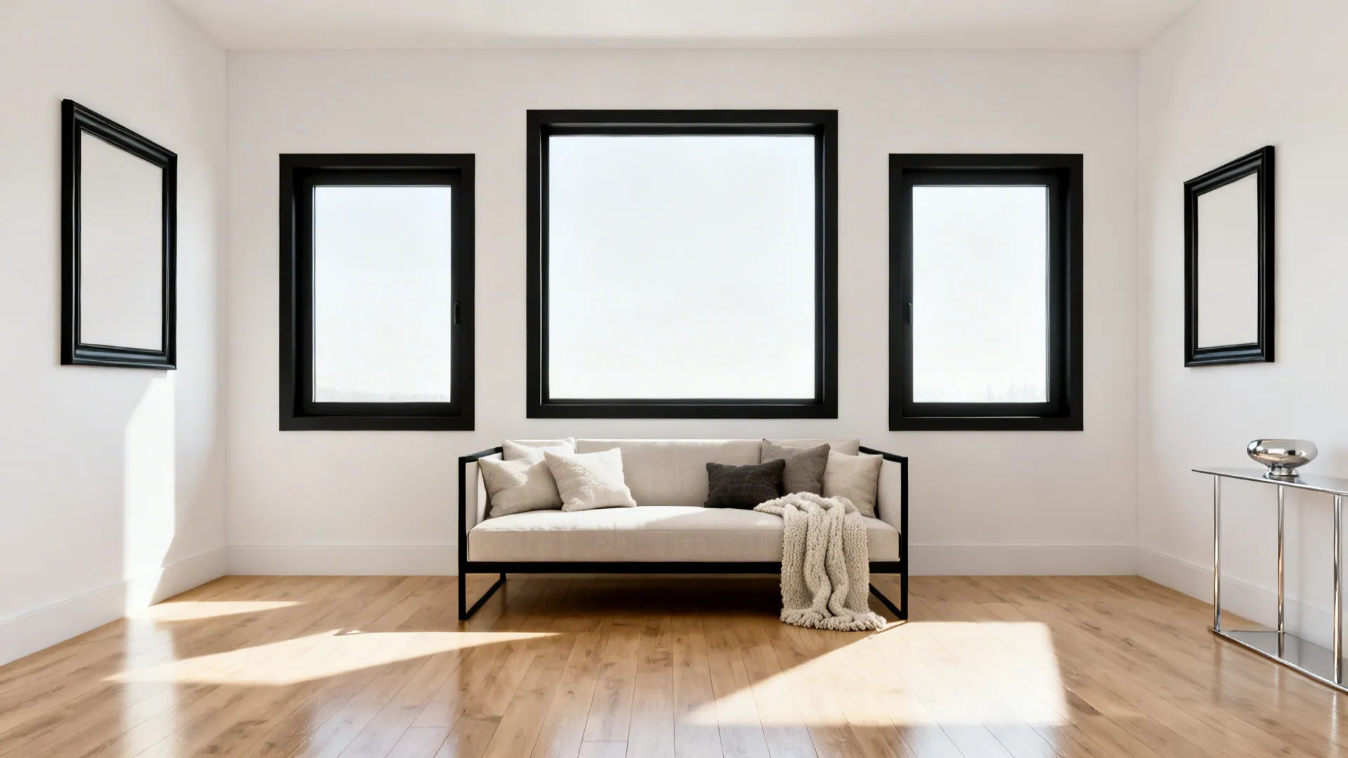 Living room with a white sofa, black windows, wood floor, white walls, and bright natural light