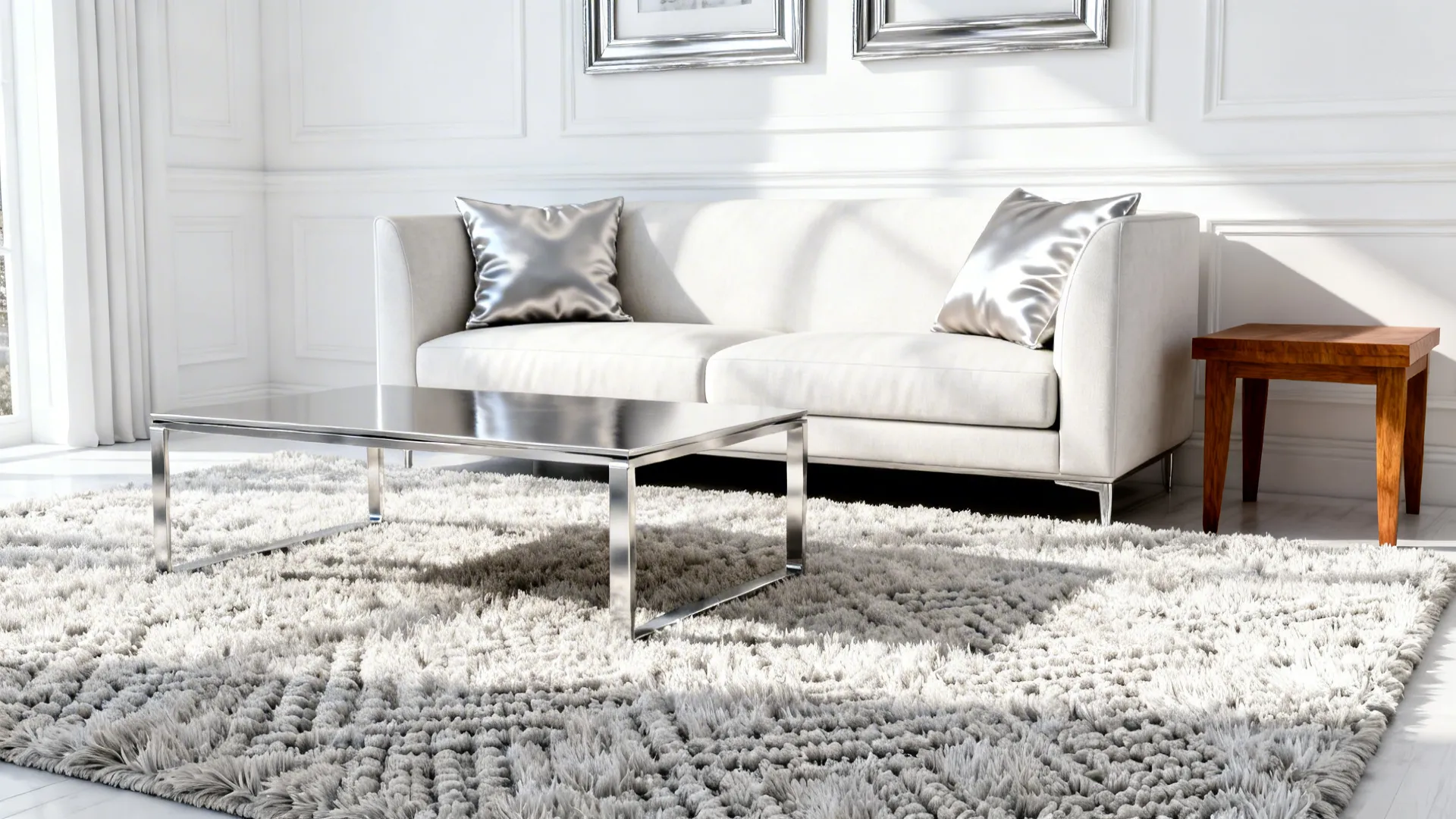 Modern white living room with silver pillows on sofa metal coffee table and grey rug
