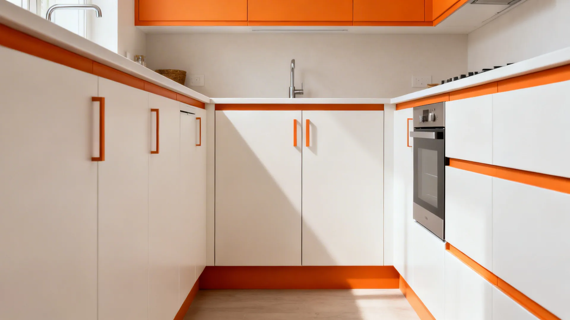 White base cabinets with subtle orange handles and a single orange appliance panel.