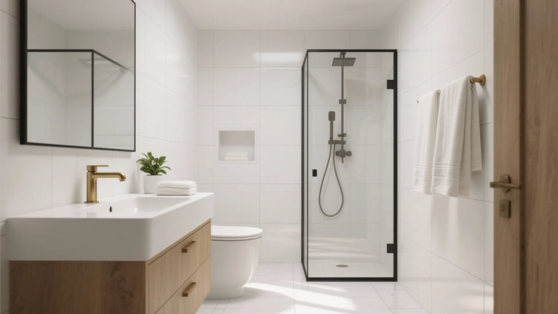 Modern bathroom layout with wooden vanity gold faucet white toilet and black frame glass shower