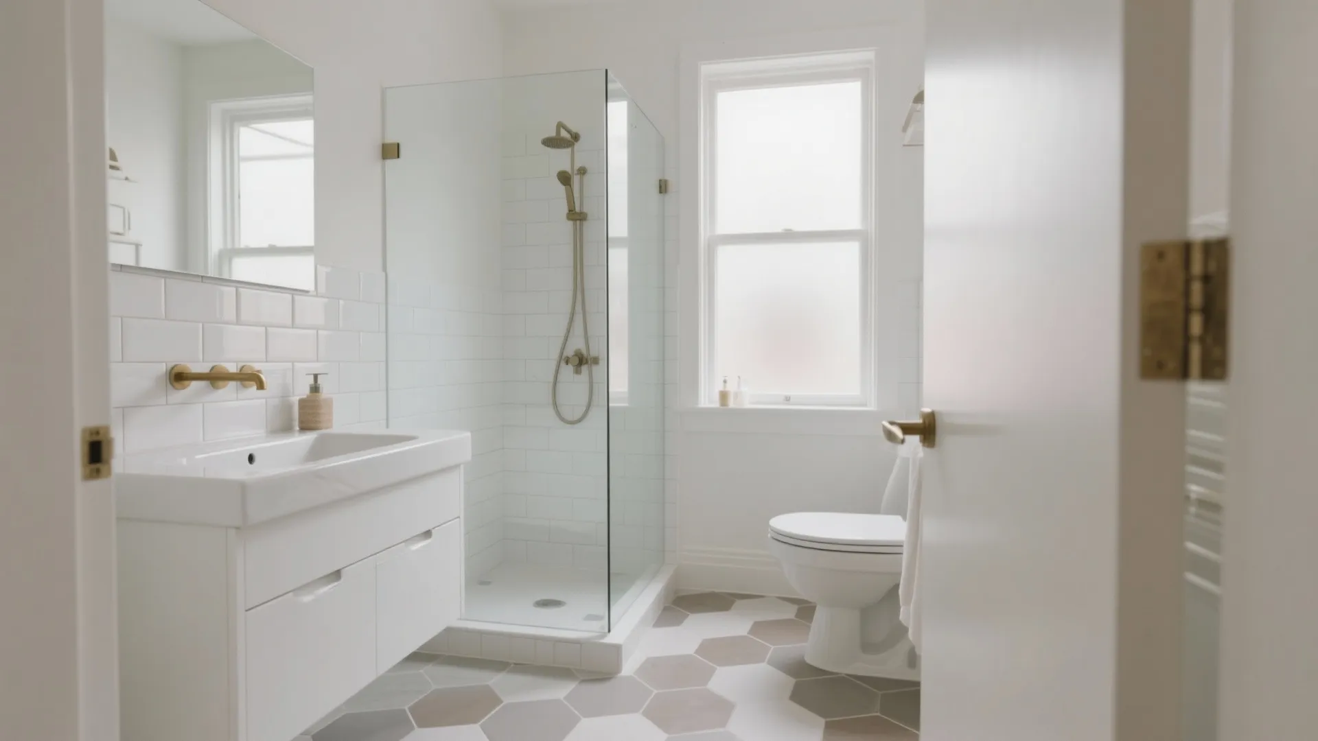 Bright bathroom interior with white vanity glass shower booth hexagon floor tiles and large frosted window