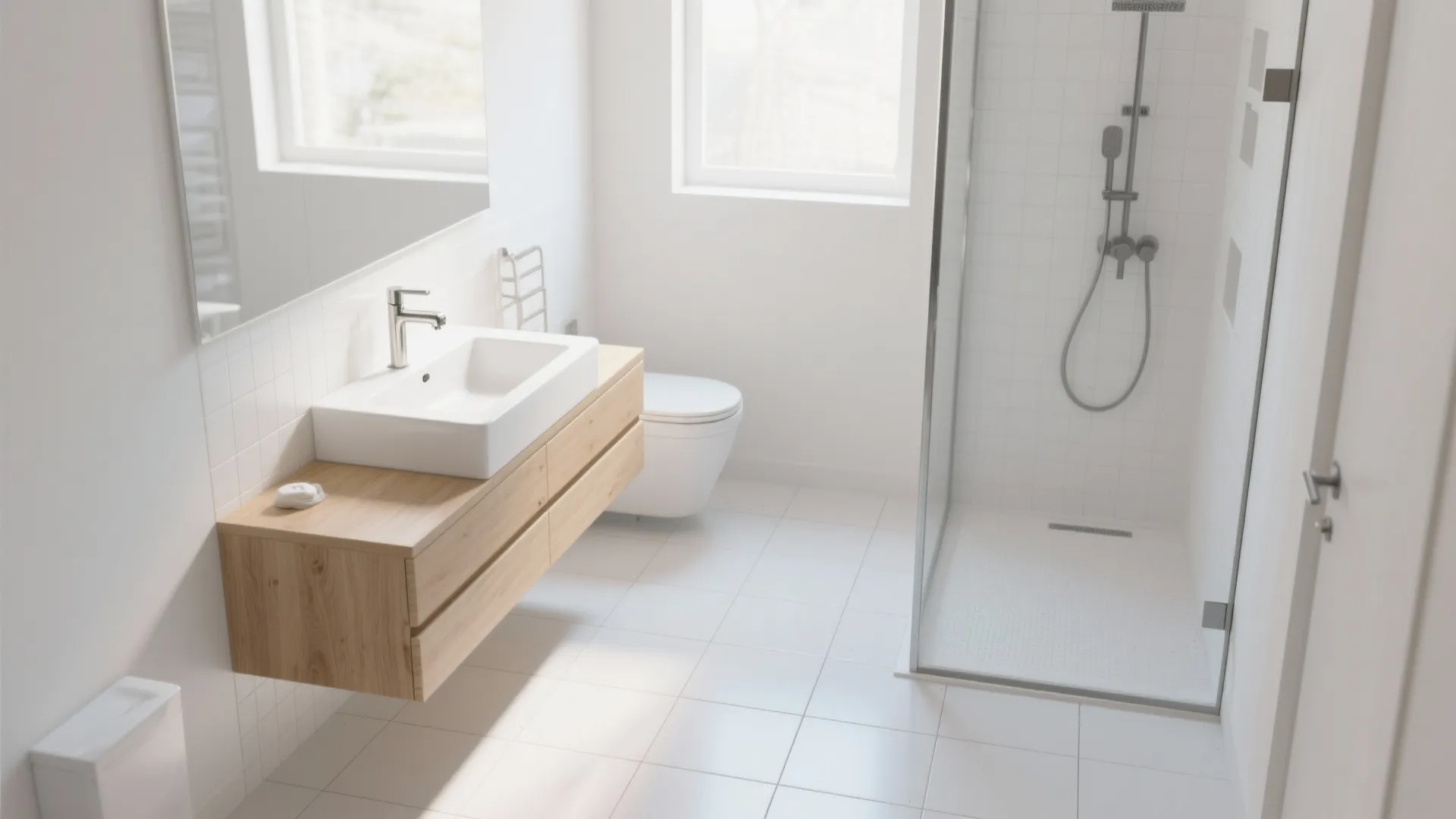 Clean bathroom interior featuring wooden floating cabinet white sink glass shower cabin and white floor tiles
