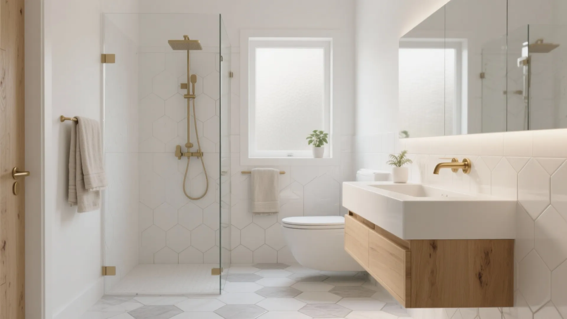 Modern white bathroom with glass shower gold hardware wood cabinet hexagonal tiles and bright window