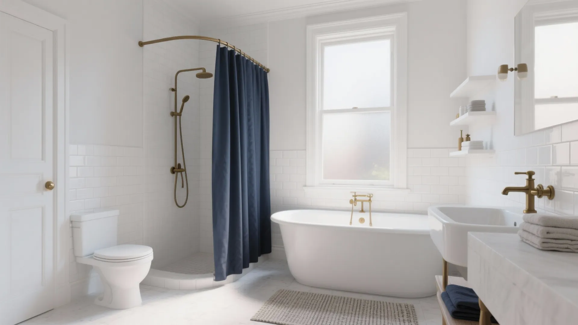 Bright bathroom with navy curtain white bathtub gold wall light and white wall panel detail