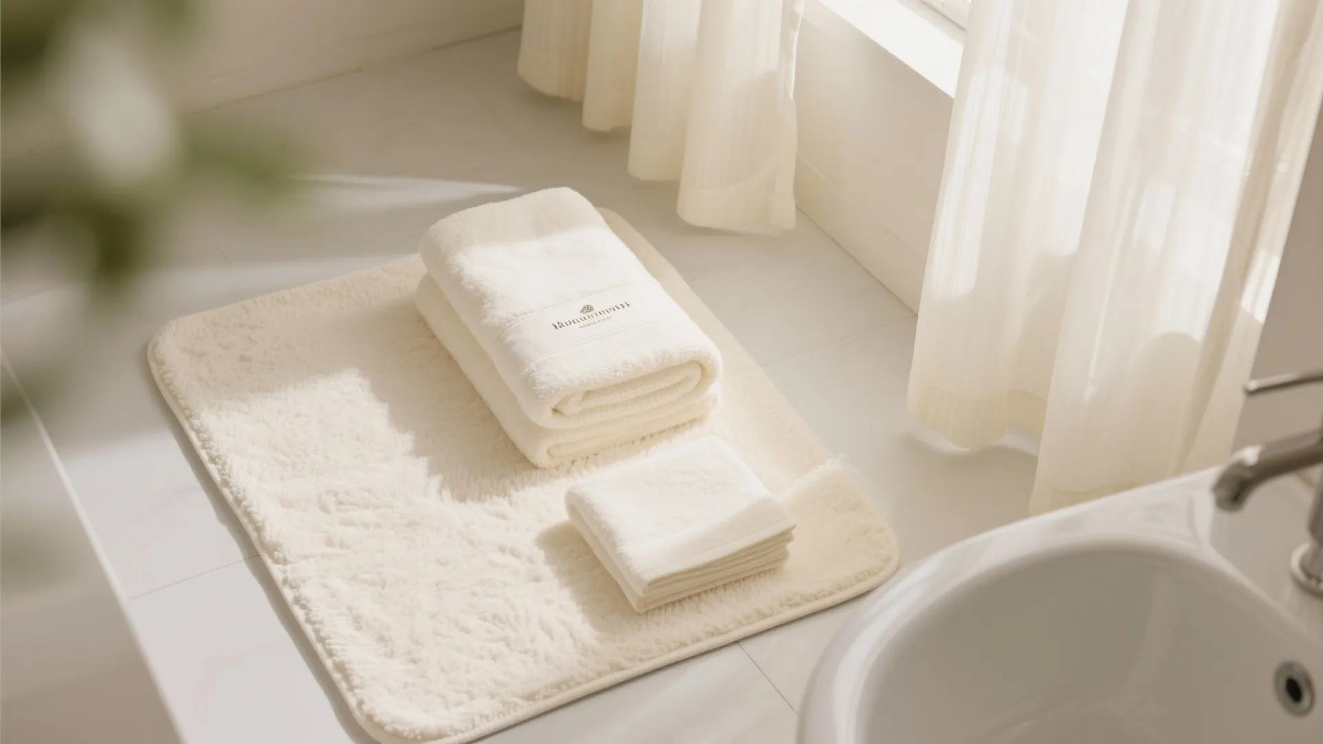 Soft white bath towels and floor mat on a bright bathroom floor with natural light