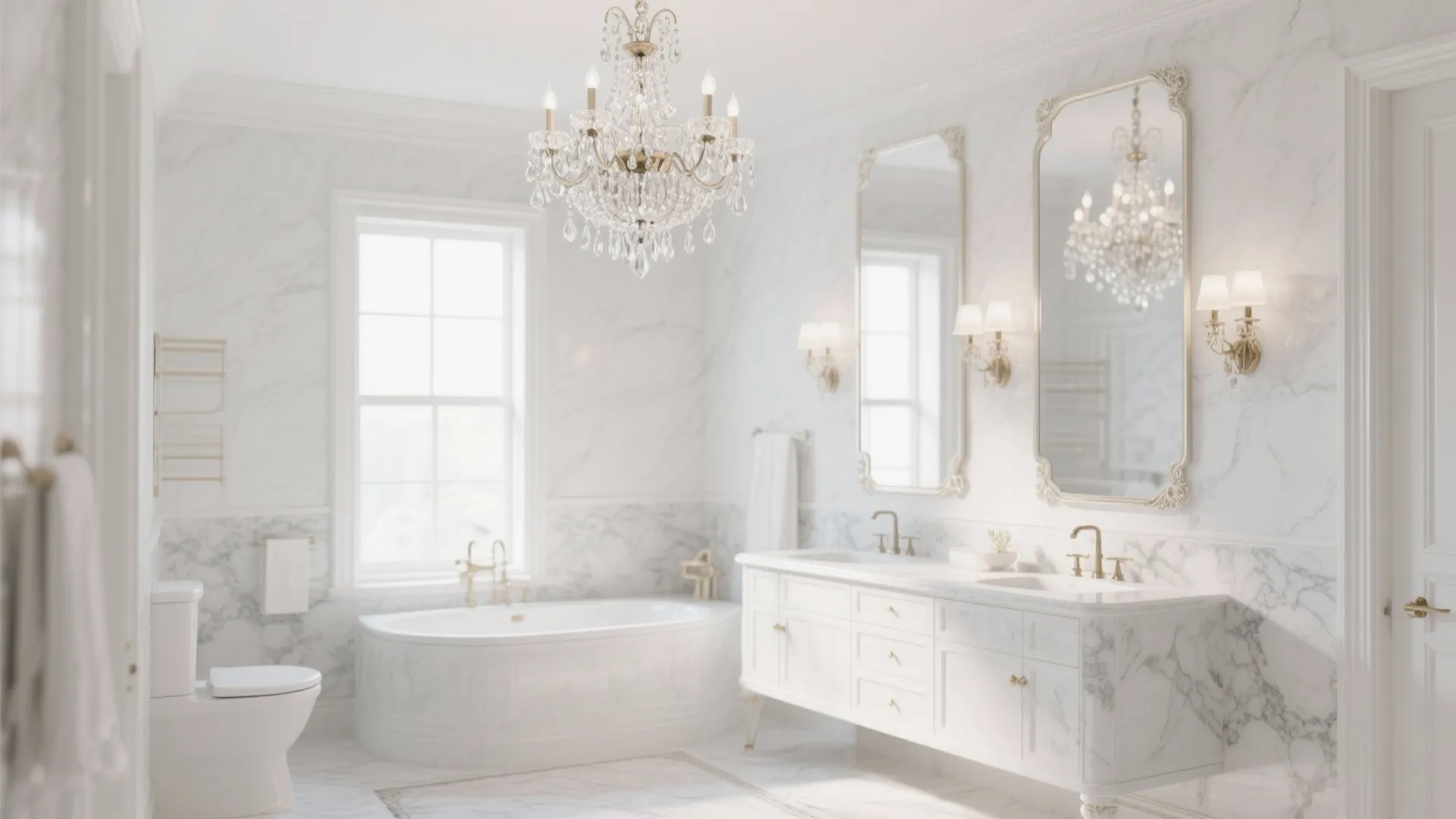 Luxury white marble bathroom with crystal ceiling light double vanity mirrors bathtub toilet and bright window