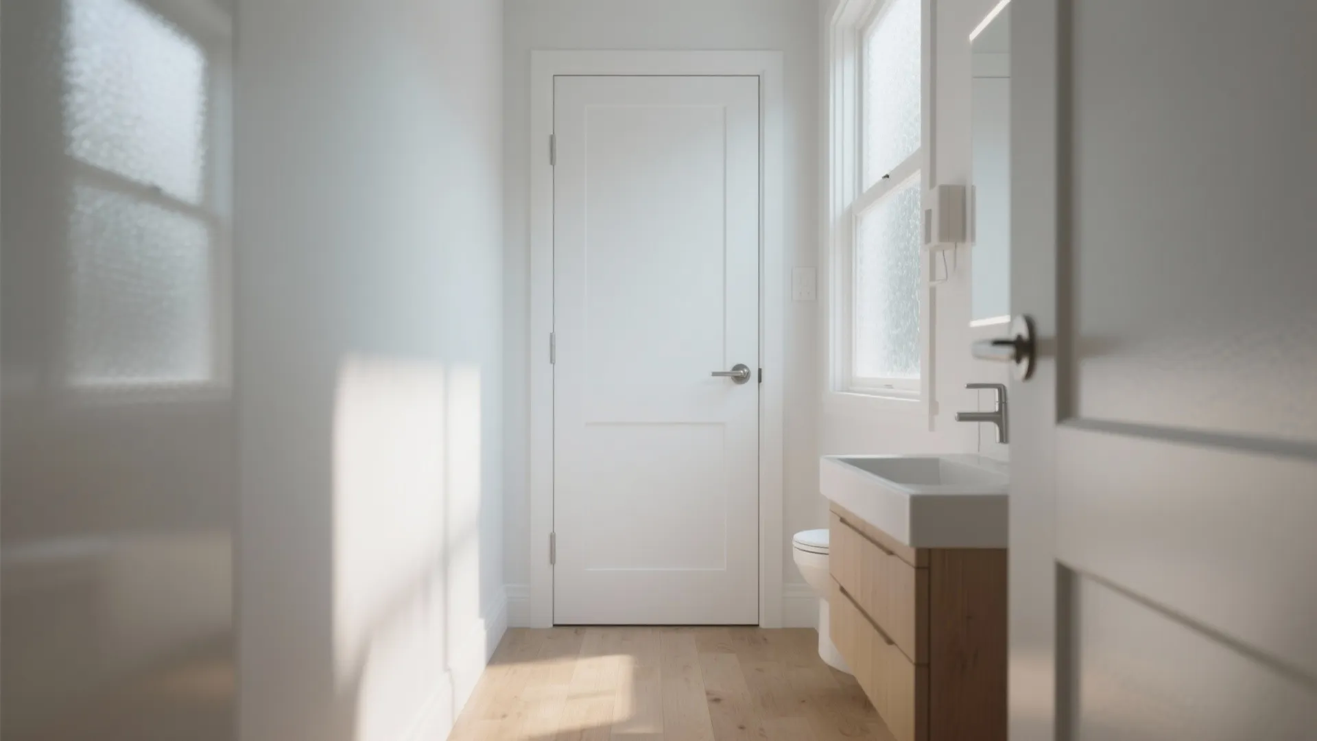White bathroom door with handle next to wooden sink cabinet and window with natural light
