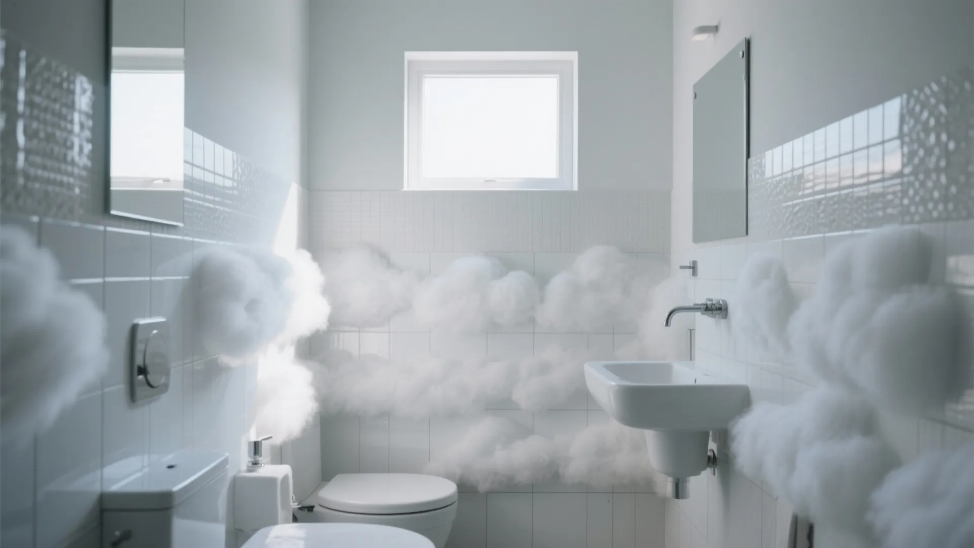 Modern white bathroom with cloud decorations on the wall toilet small sink and bright window