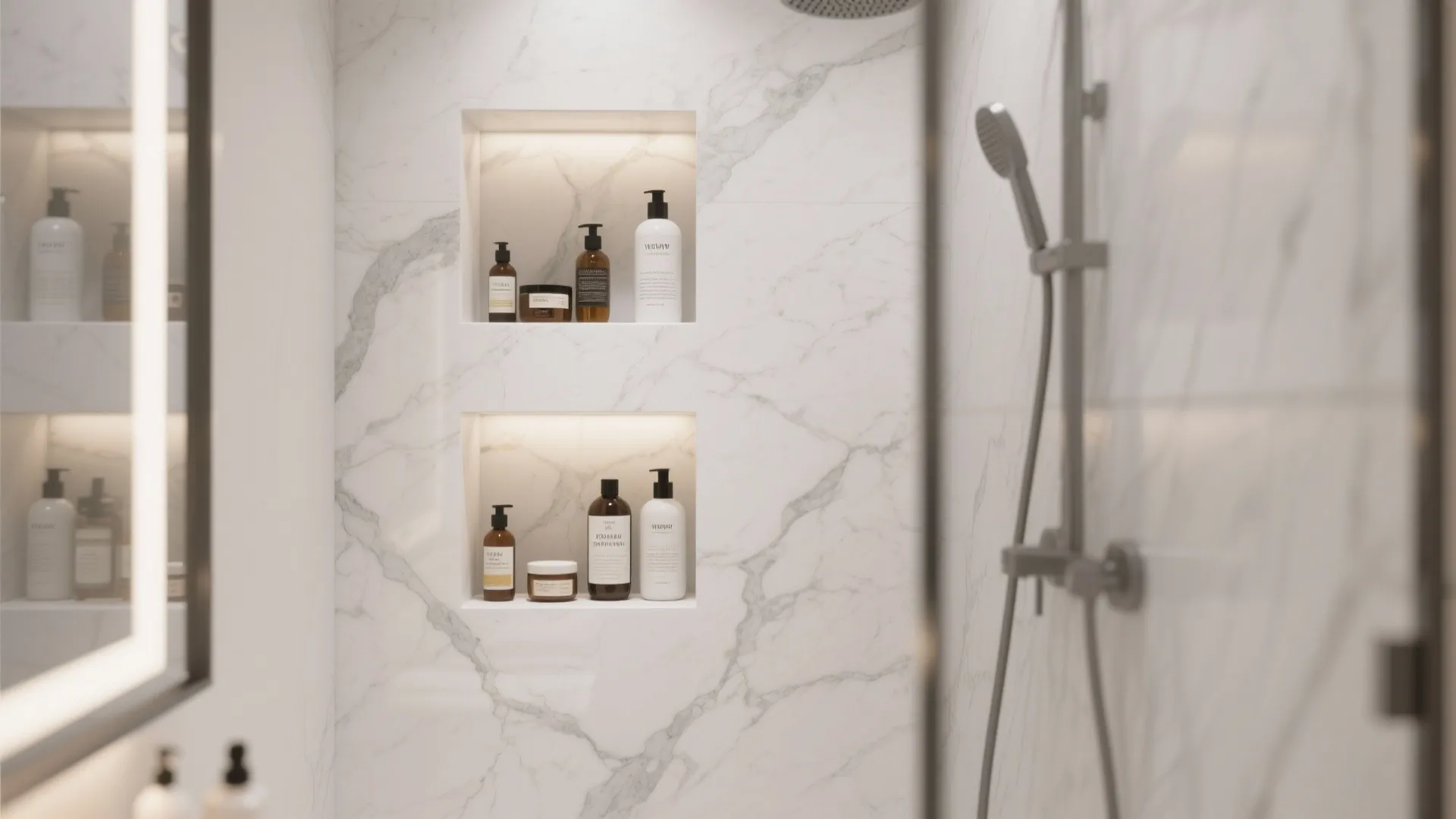 Marble shower wall with two recessed storage shelves holding various white and brown soap bottles