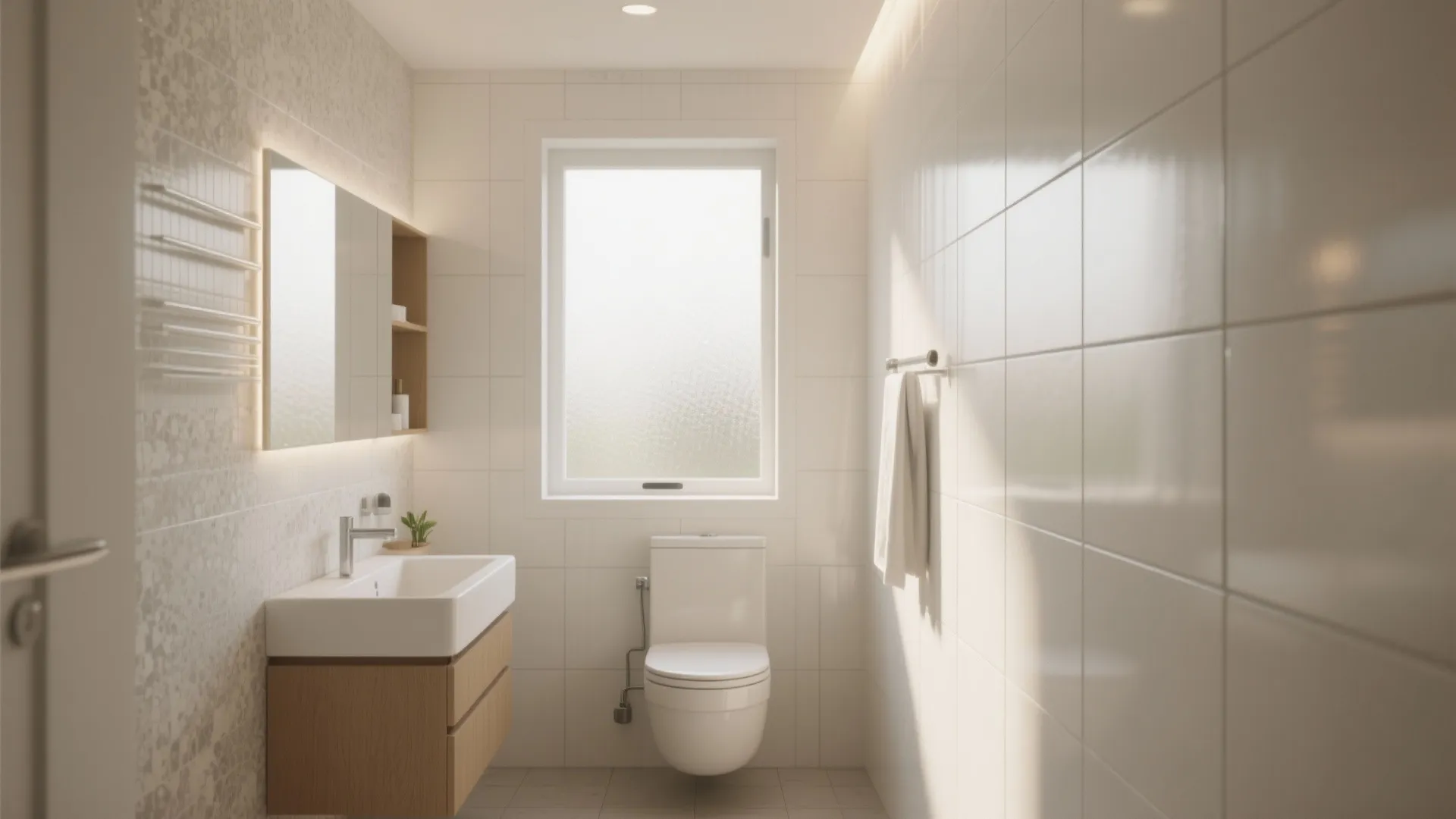 Minimalist white bathroom with wall hung toilet wooden vanity unit mirror window and towel rail