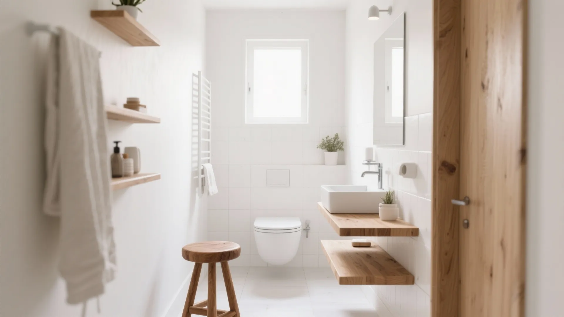 Minimalist white bathroom with wooden shelves square sink toilet wooden stool wall light and small window