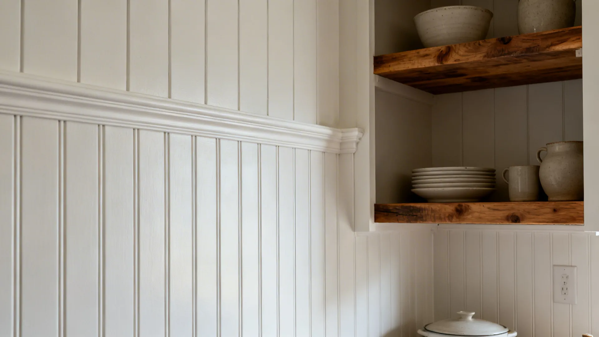 Satin white beadboard backsplash with butcher block shelves creates a warm, textured cottage look.
