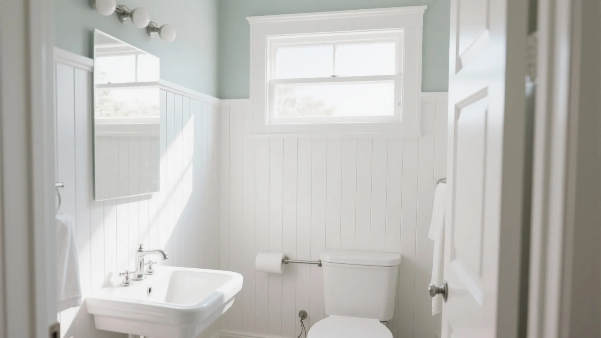 Small bright bathroom with white beadboard wainscoting