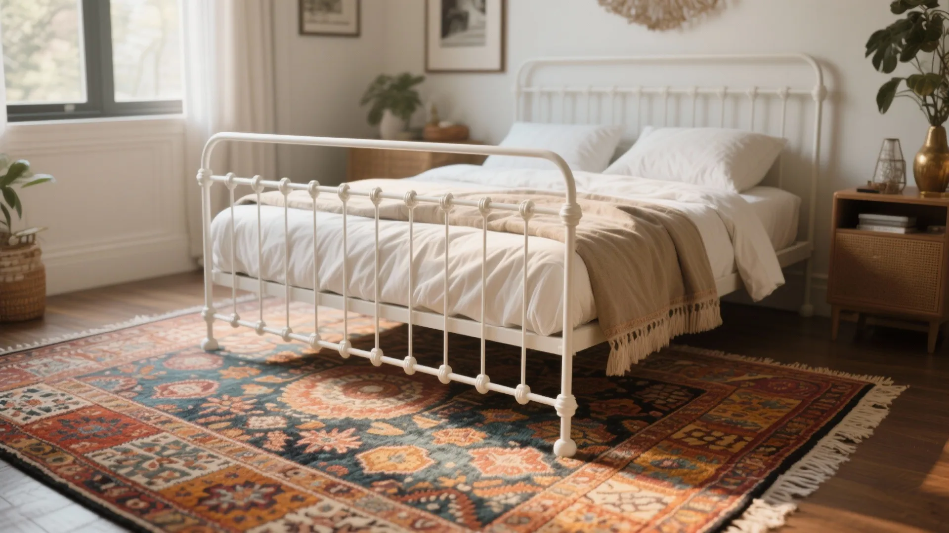 White metal bed with vibrant patterned rug underneath