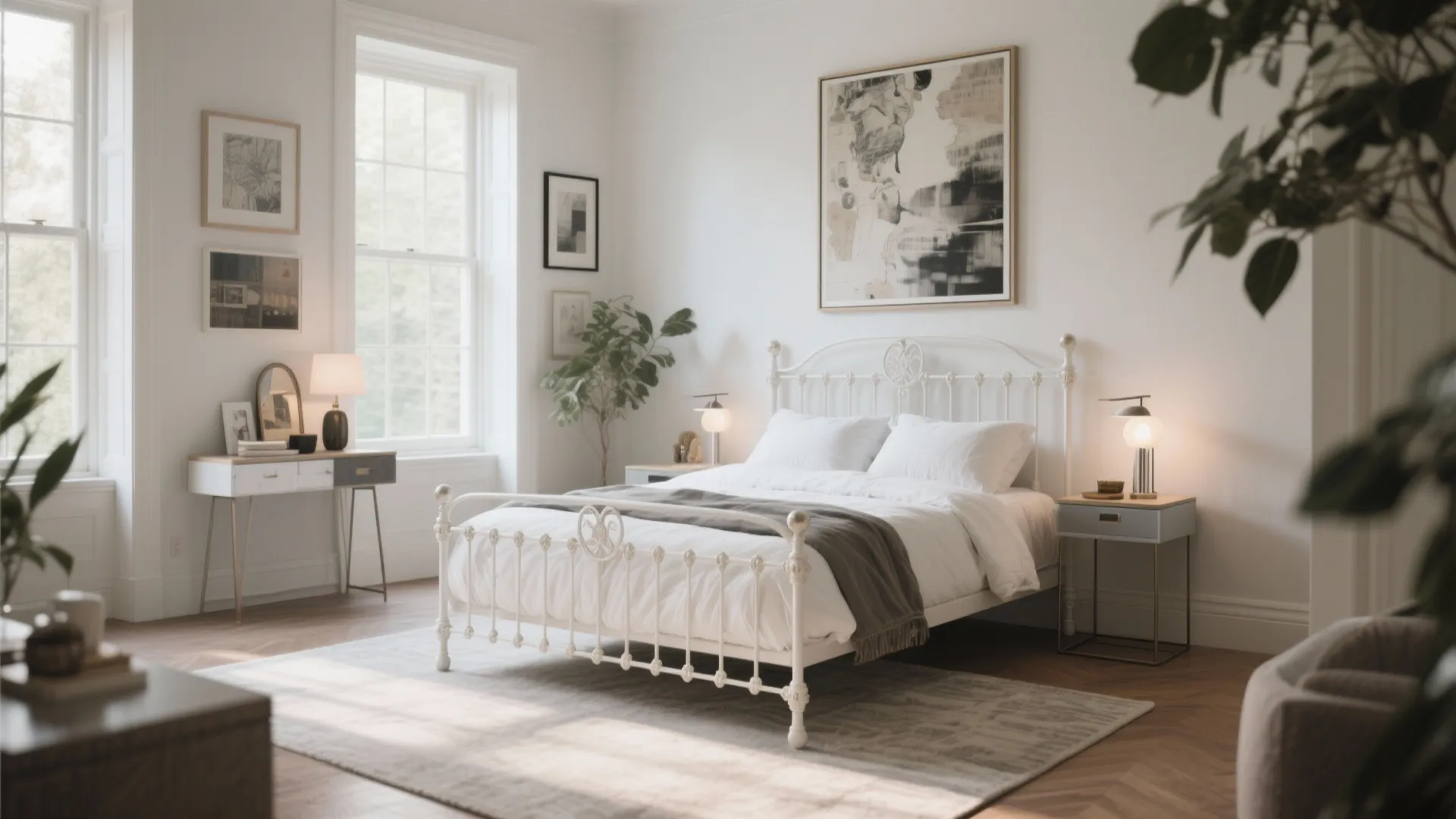 Bedroom with white metal bed and modern furniture pieces