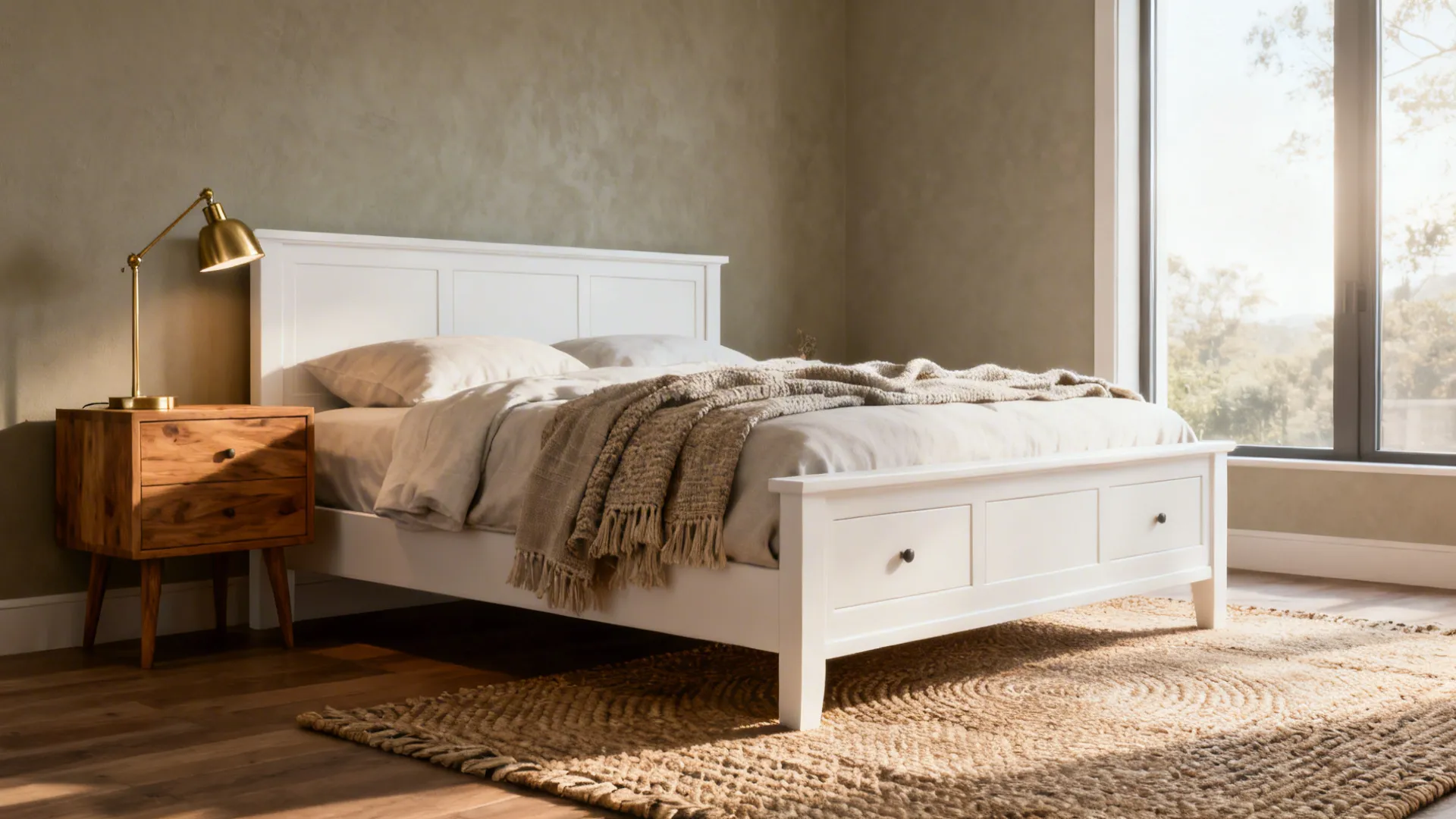 White wooden bed with storage drawers bedside table gold lamp textured rug and large window