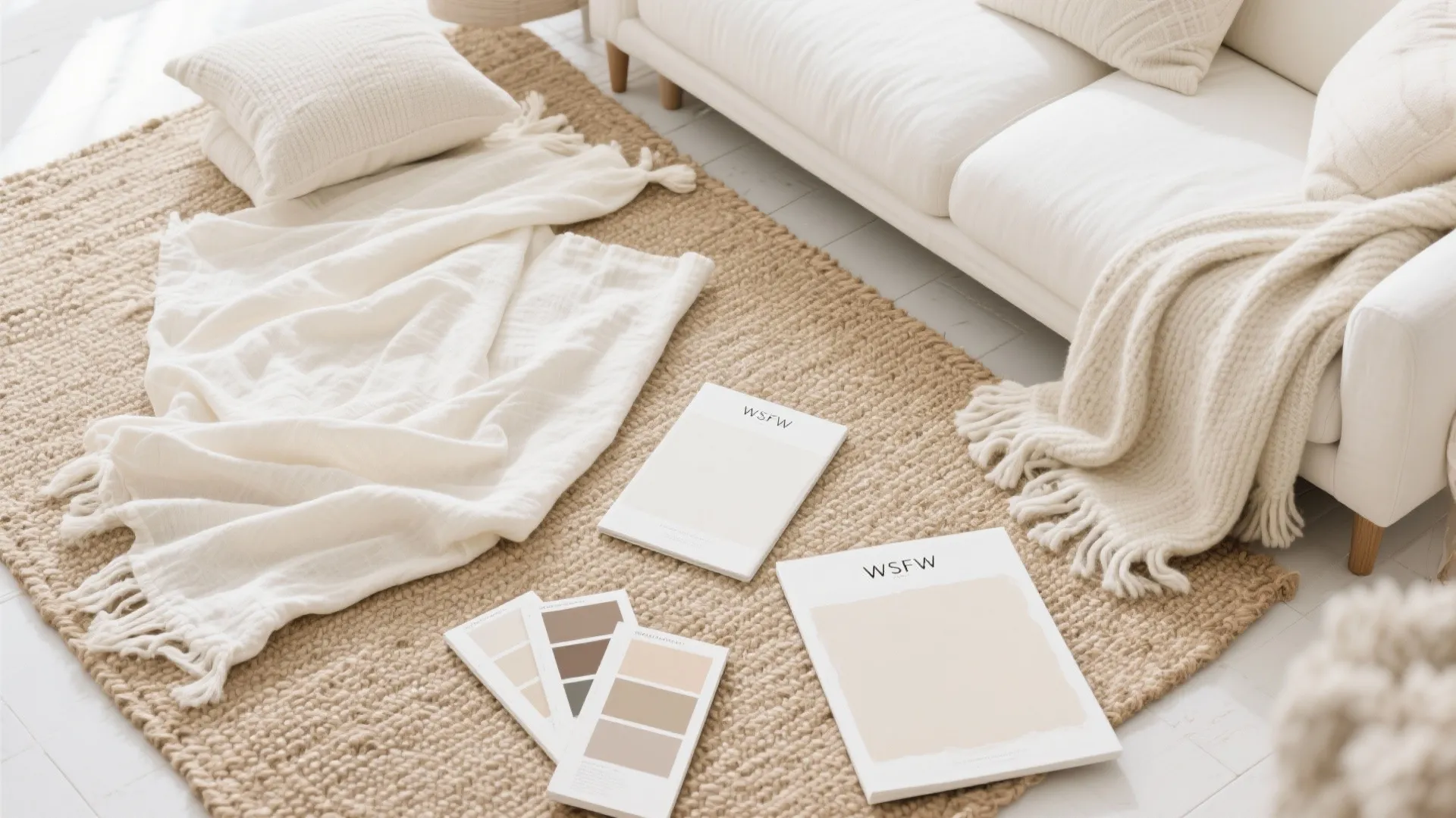 Beige woven rug on white floor with soft blankets pillows books and various color cards