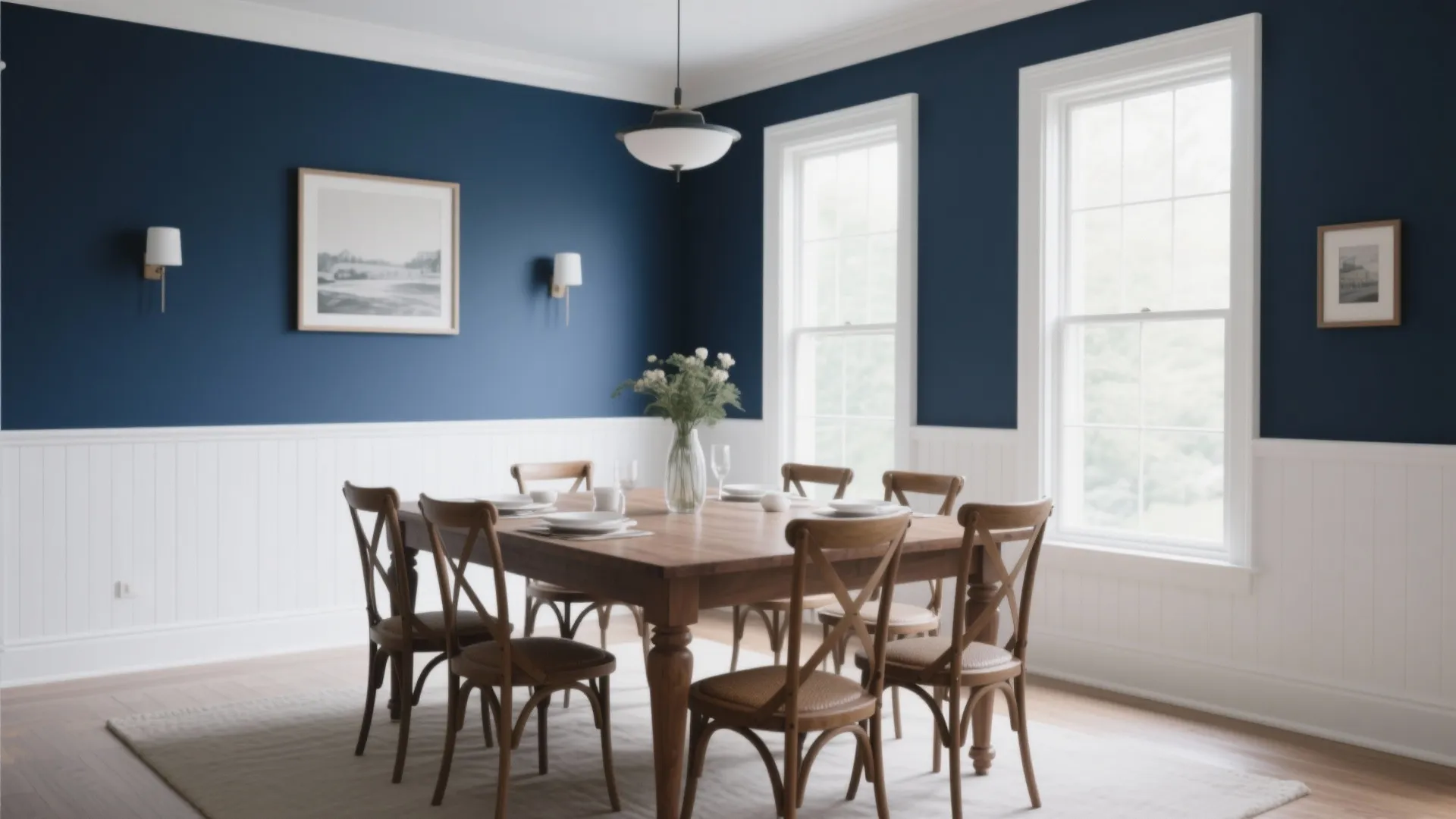 Dining room with white walls below chair rail and navy above