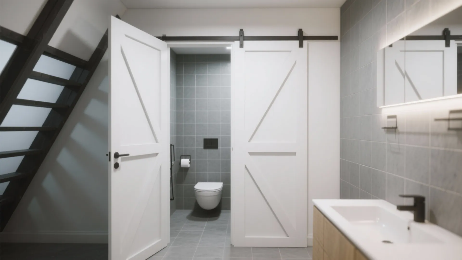 Modern bathroom with white sliding barn door featuring black track toilet and white sink vanity