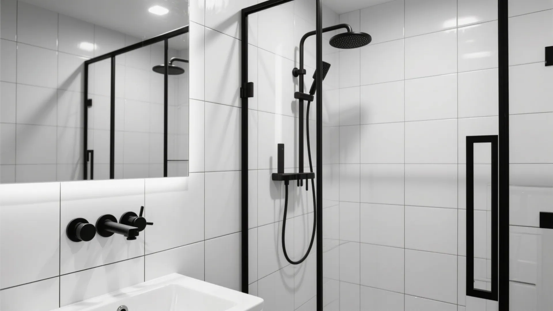 Modern bathroom with white wall tiles black shower head black sink faucet and large wall mirror
