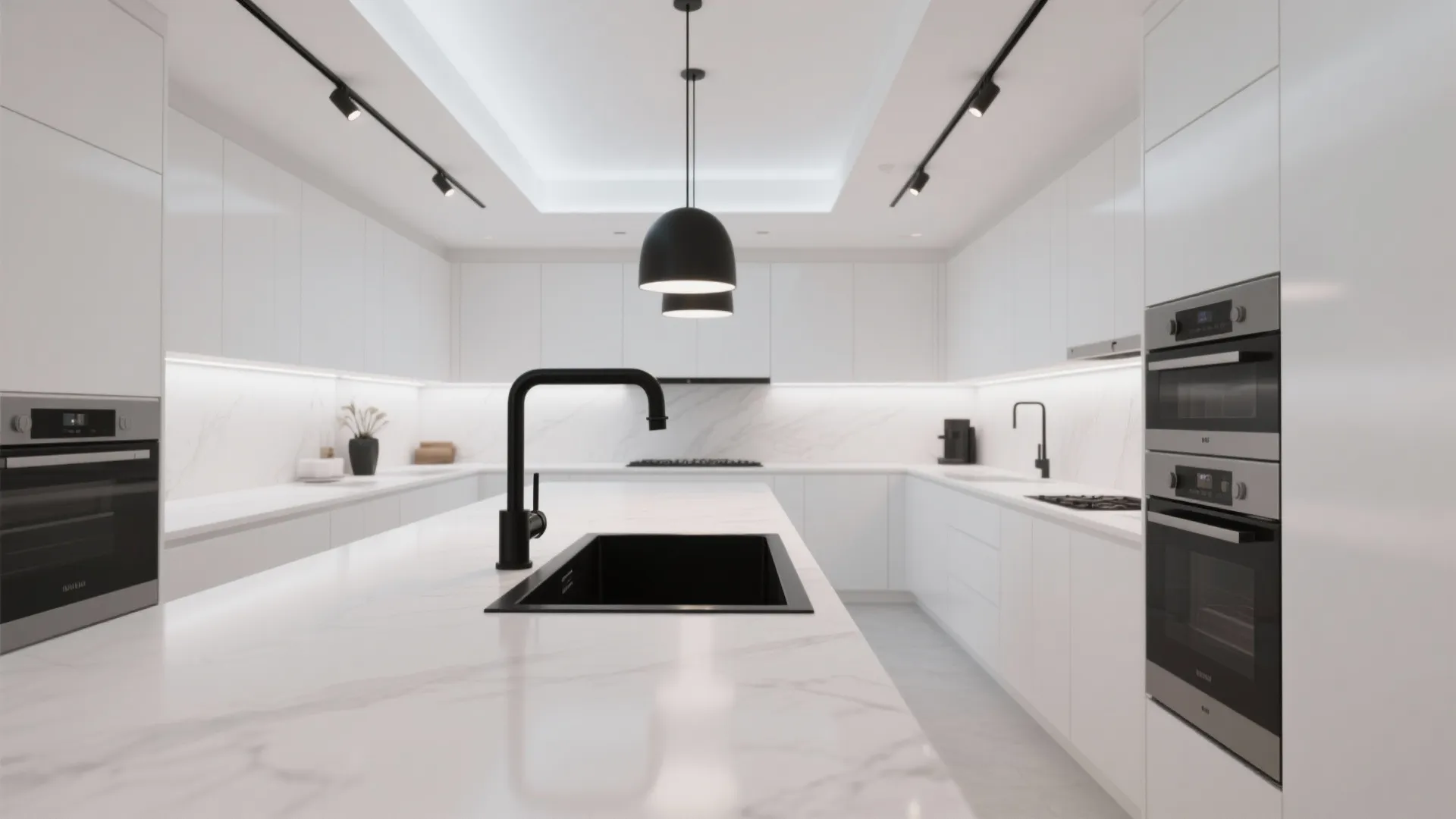 Modern white kitchen with black faucet black ceiling light white cabinets and marble island surface