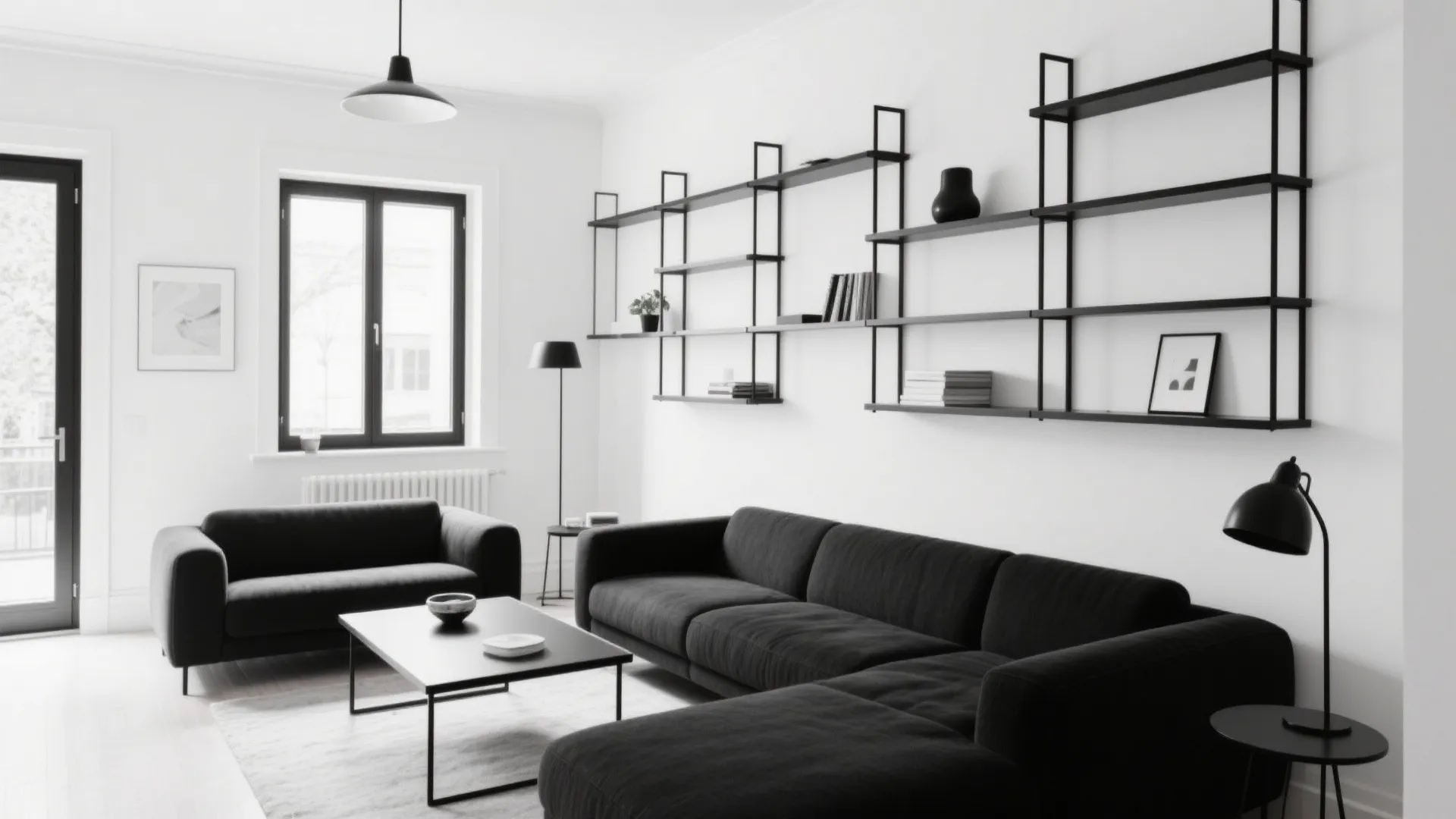 White-walled living room with bold black fixtures