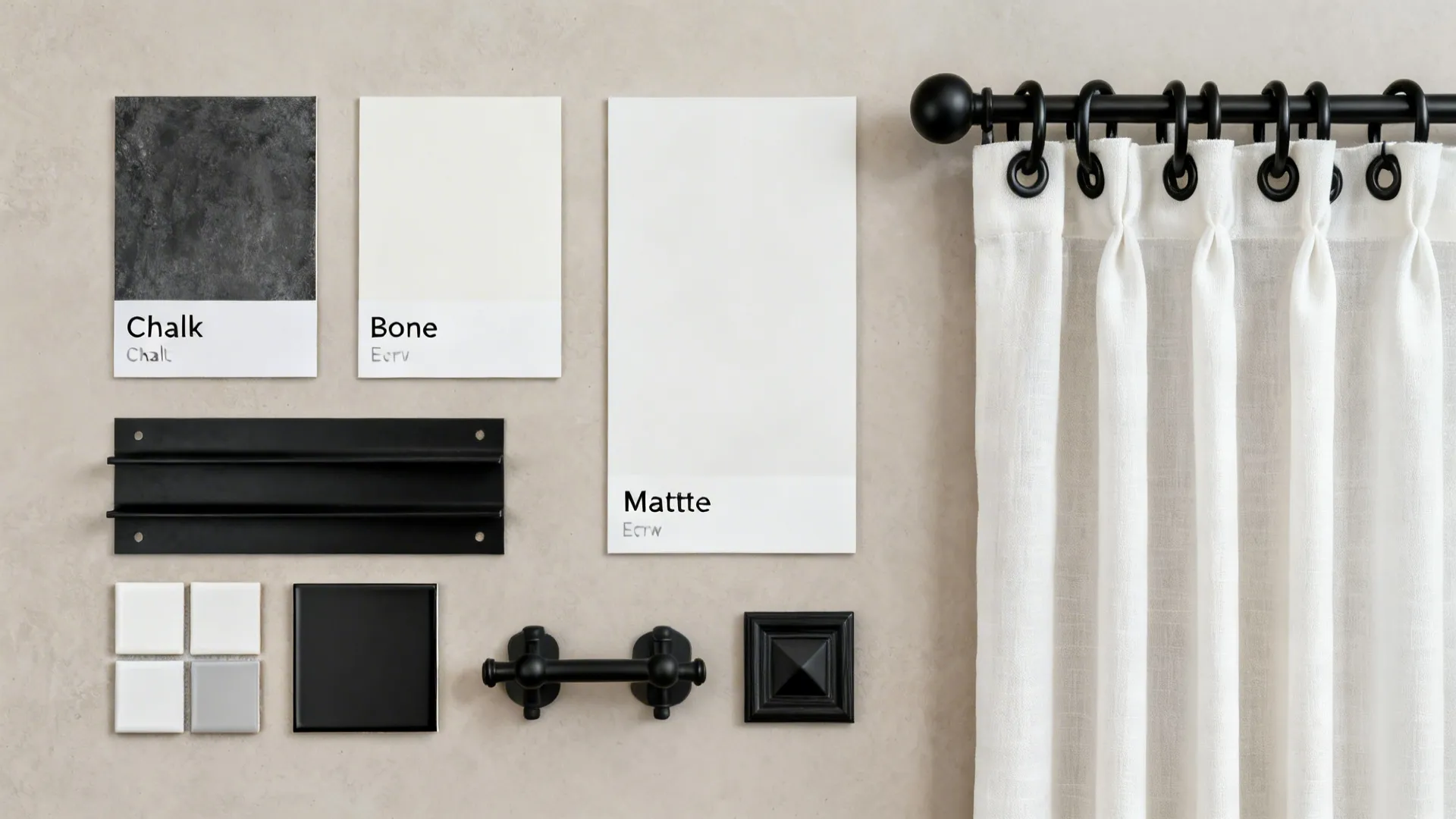 Top-down palette with warm white swatches, matte black metals, and off-white drapery with black rings.