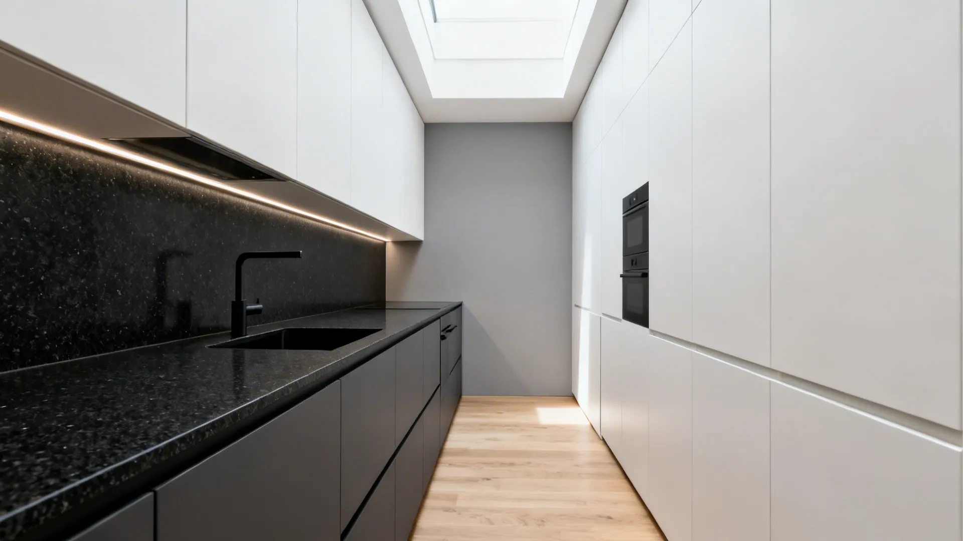 Minimalist galley with white uppers, dark lowers, and leathered black granite.