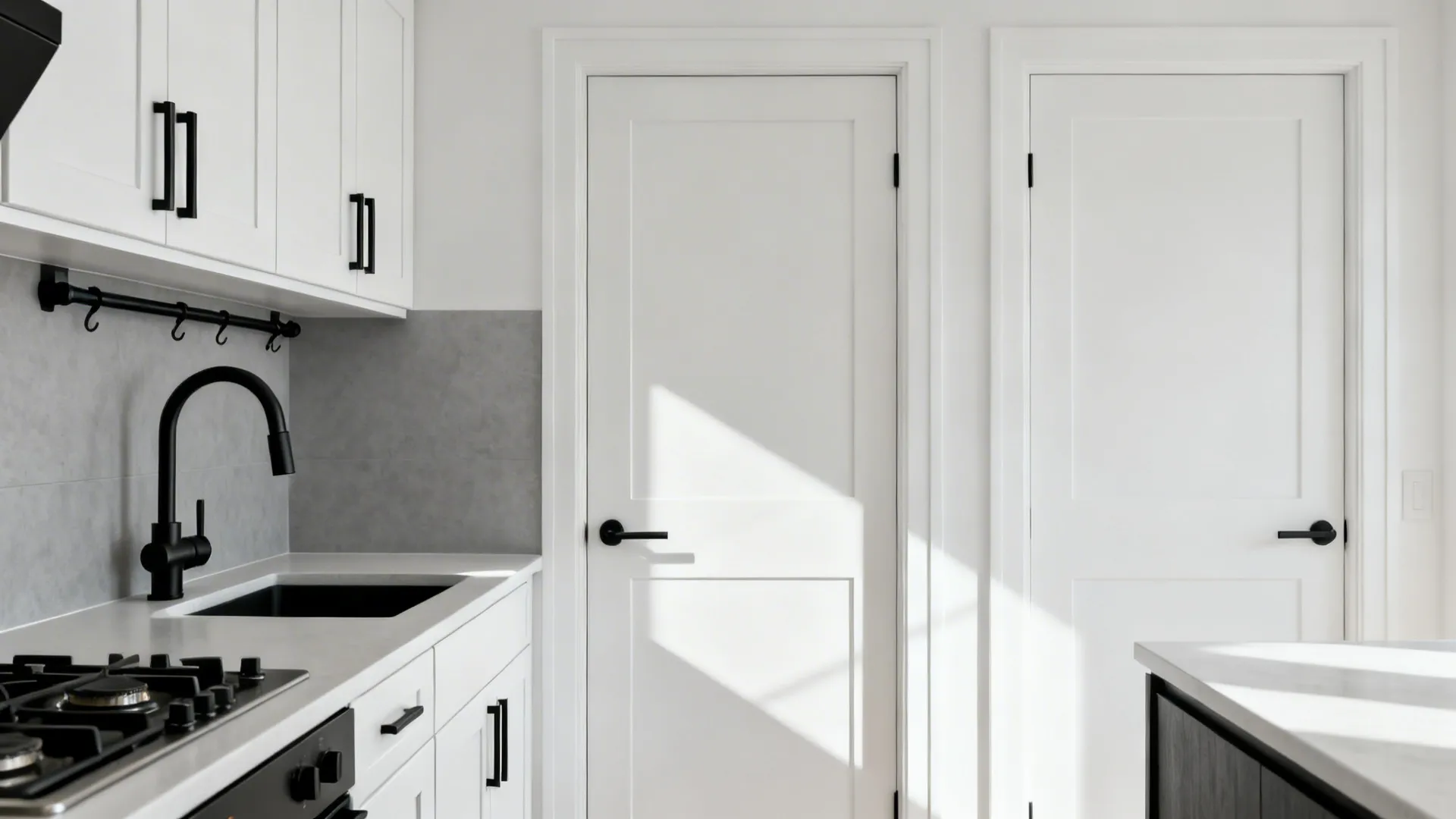 White cabinets with slim matte-black pulls, black faucet, and pot rail in bright light.