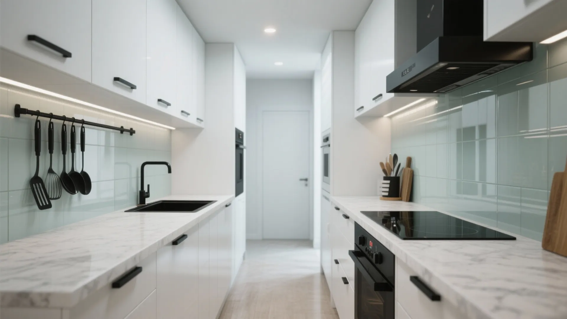 2) Crisp White + Black Contrast in Small Kitchens