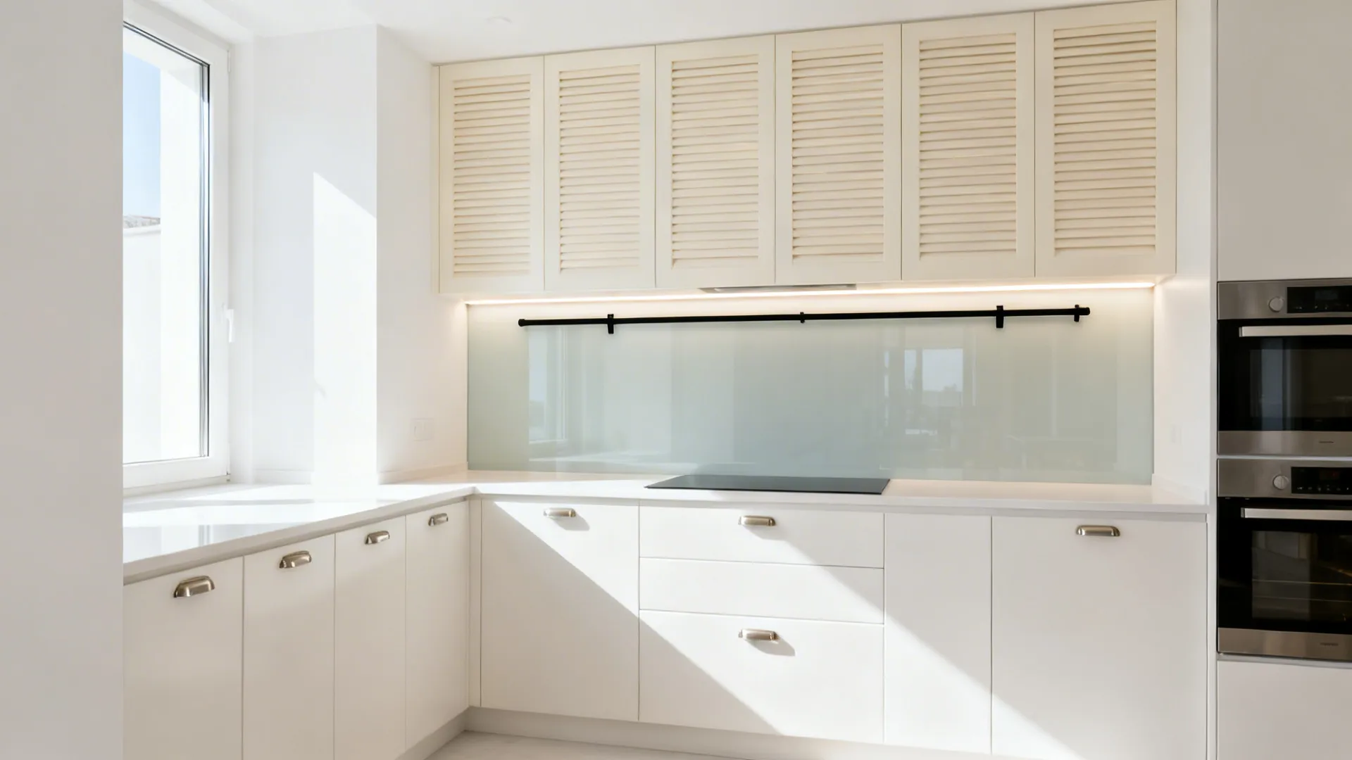 White-on-white small kitchen with a thin black rail accent for visual definition.