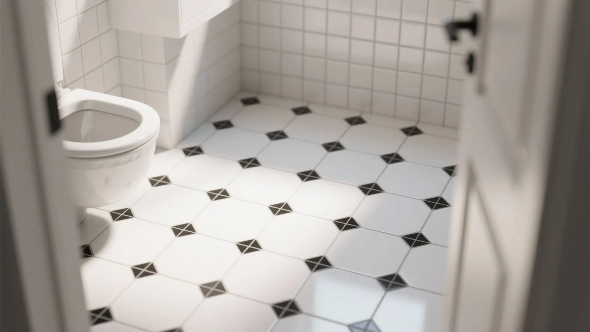 Minimalist white bathroom floor with small black diamond patterns near a toilet and tiled wall