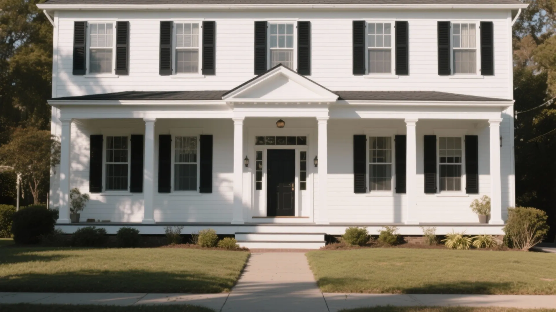Two story white house featuring black shutters on windows with a large front porch and lawn
